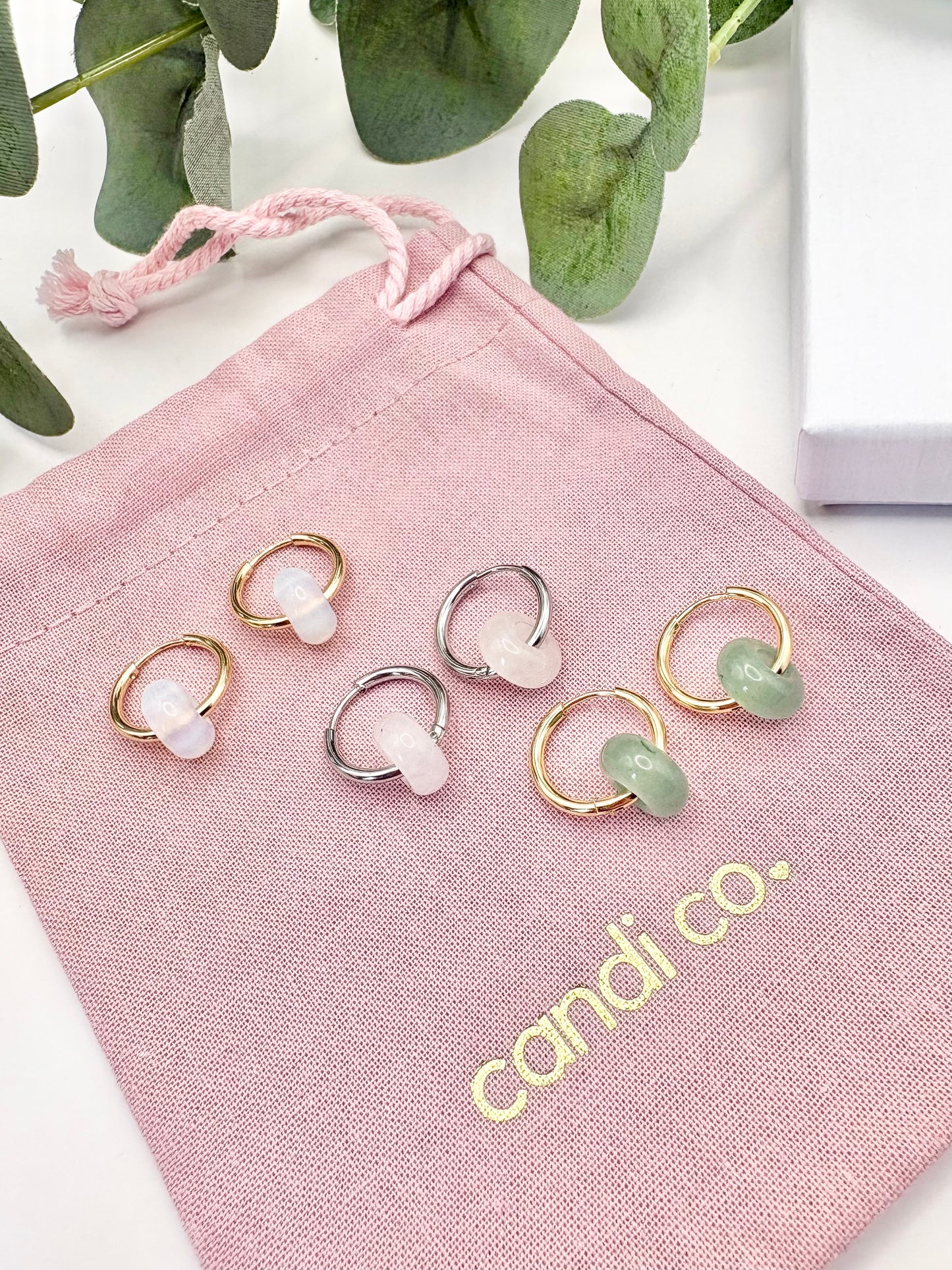 Spring Gemstone Huggie Hoop Earrings - Stainless Steel