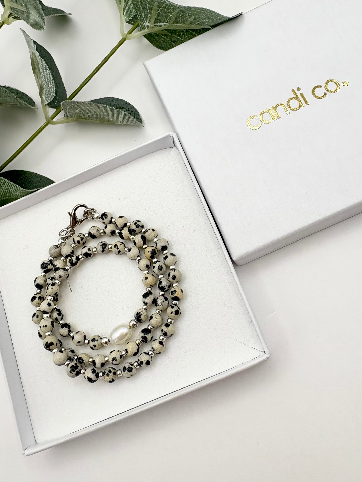 Dalmatian Jasper Gemstone With Freshwater Pearl Necklace - Sterling Silver or Plated
