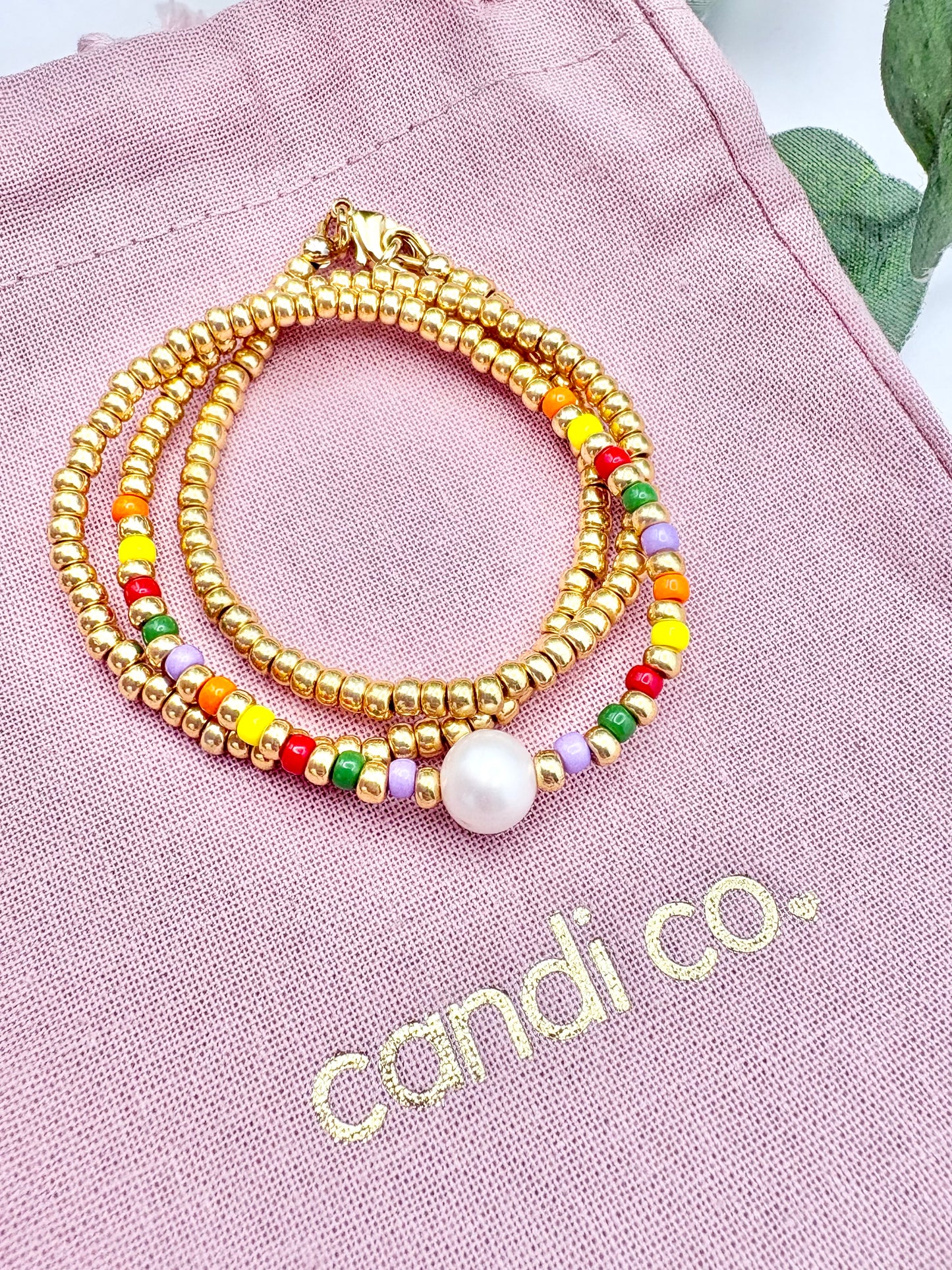 Colourful Seed Bead & Freshwater Pearl Necklace - Gold