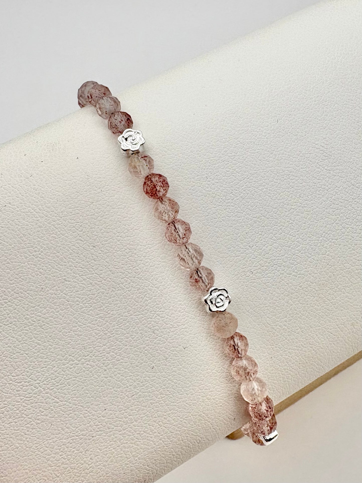 Strawberry Quartz Bracelet with Rose Charms - Sterling Silver