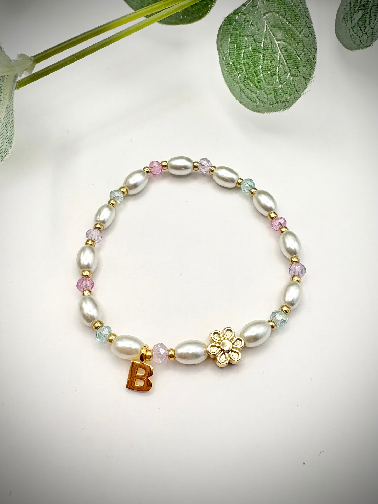 Personalised Glass Pearl & Crystal Flower Girl Bracelet Kids - Gold