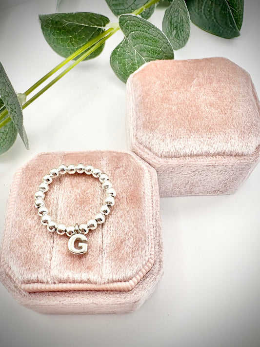 Beaded Stretch Ring with Initial - Gold or Silver-Plated