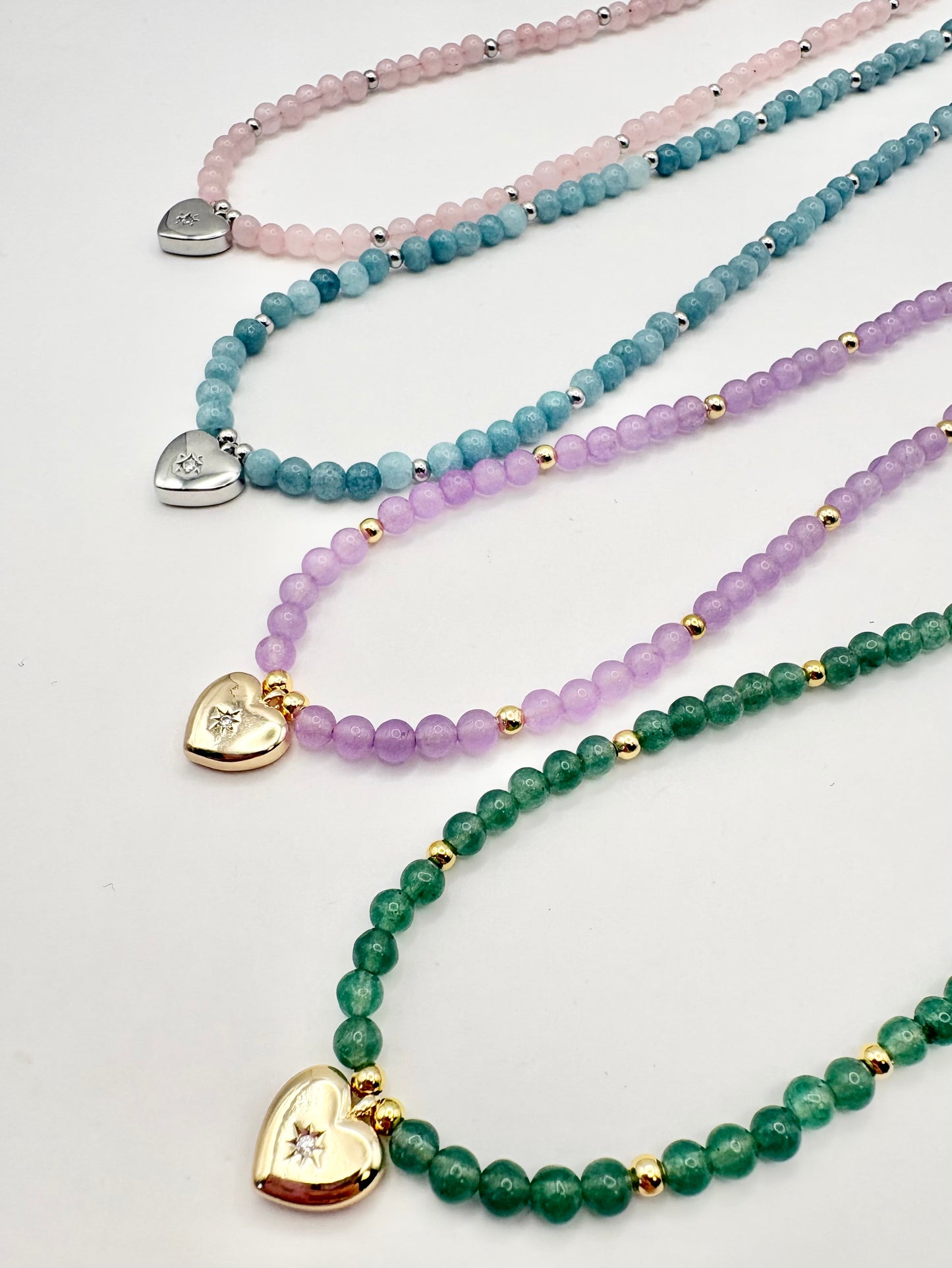 Pastel Gemstone & Vintage Heart Charm Necklace - Various Colours