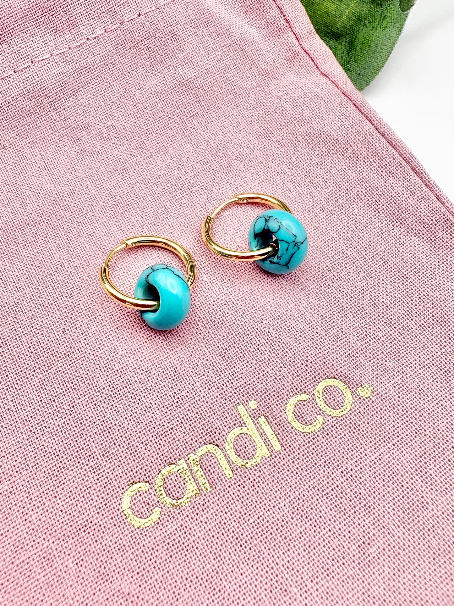 Turquoise Howlite Huggie Hoop Earrings - Stainless Steel