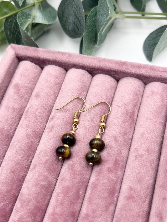 Tiger's Eye Rondelle Beaded Gemstone Wire Earrings