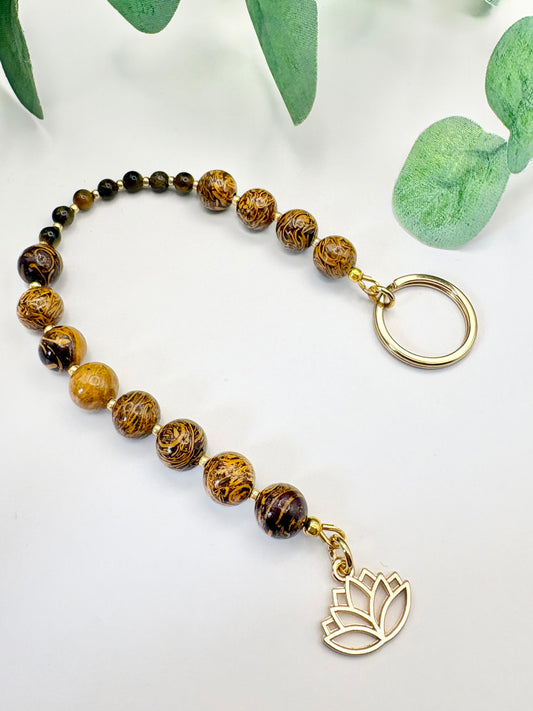 Breathing Beads Keyring - Brown Miriam Calligraphy With Tiger's Eye