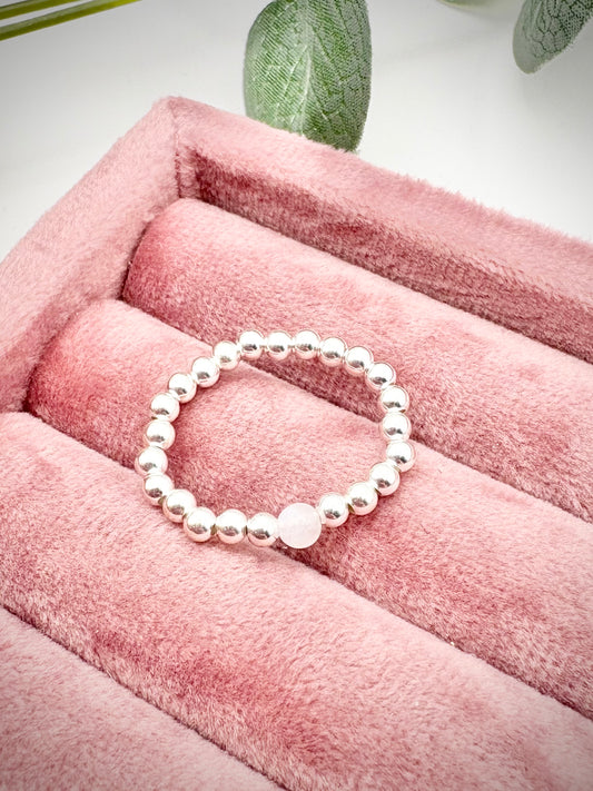 Luxe 925 Sterling Silver 3mm Beaded Stretch Ring With Moonstone - Perfect For Stacking