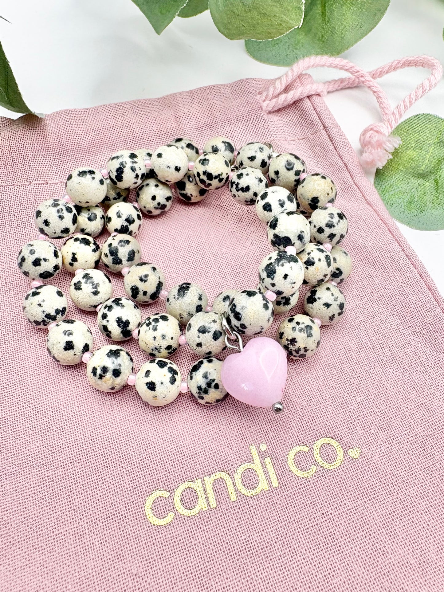 Dalmatian Jasper & Pink Heart Necklace
