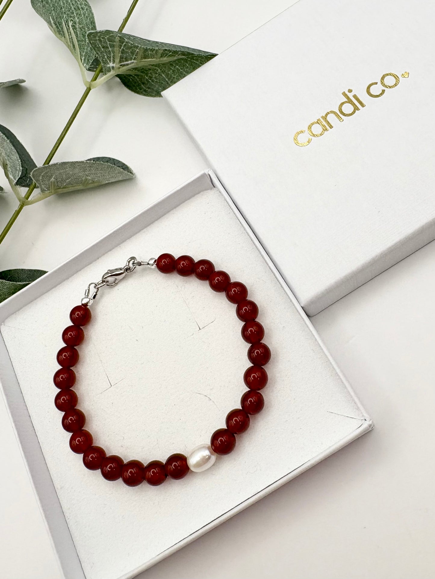 Carnelian Gemstone and Freshwater Pearl Bracelet - Silver-plated or Sterling Silver