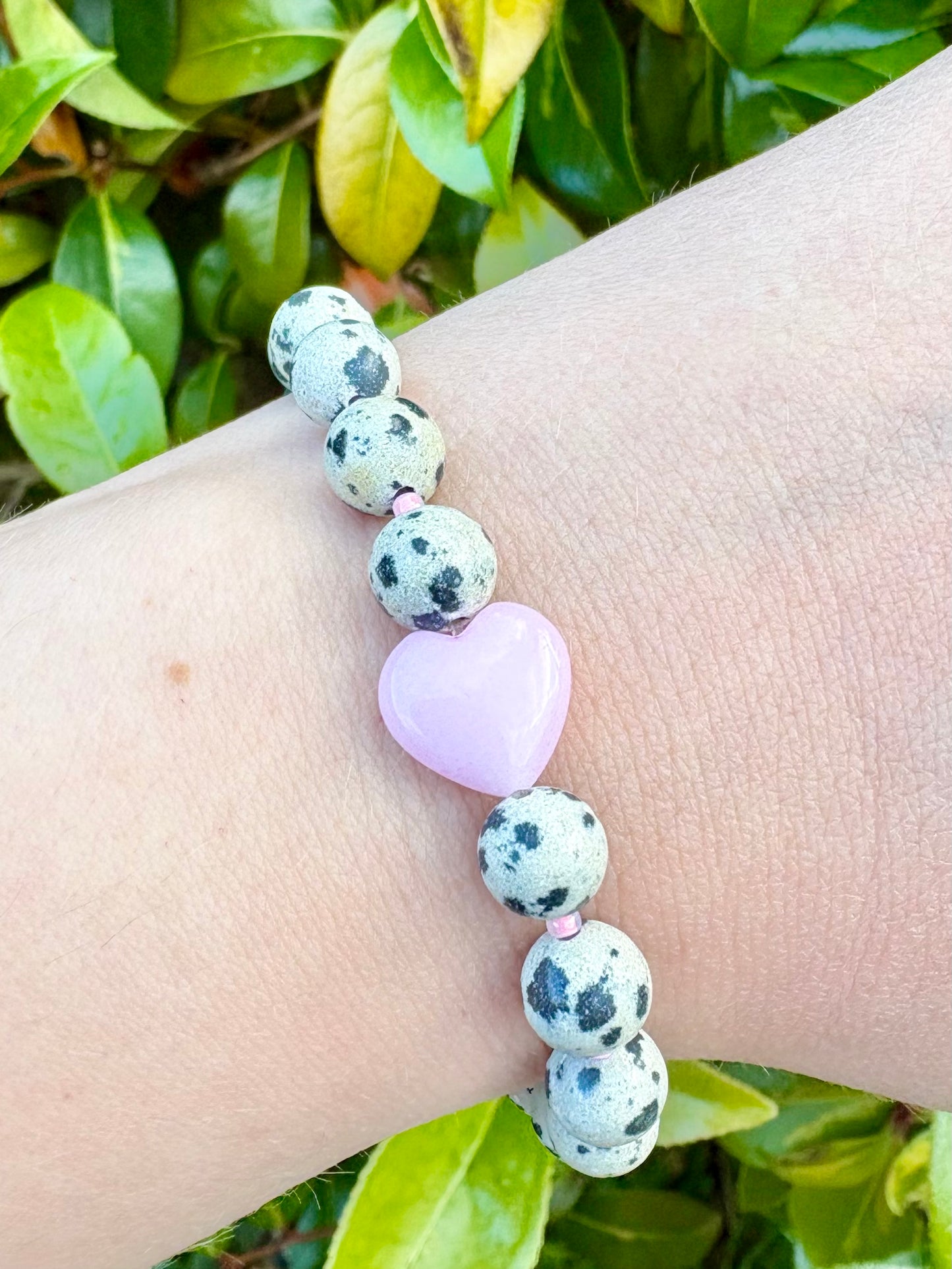 Dalmatian Jasper & Pink Heart Bracelet