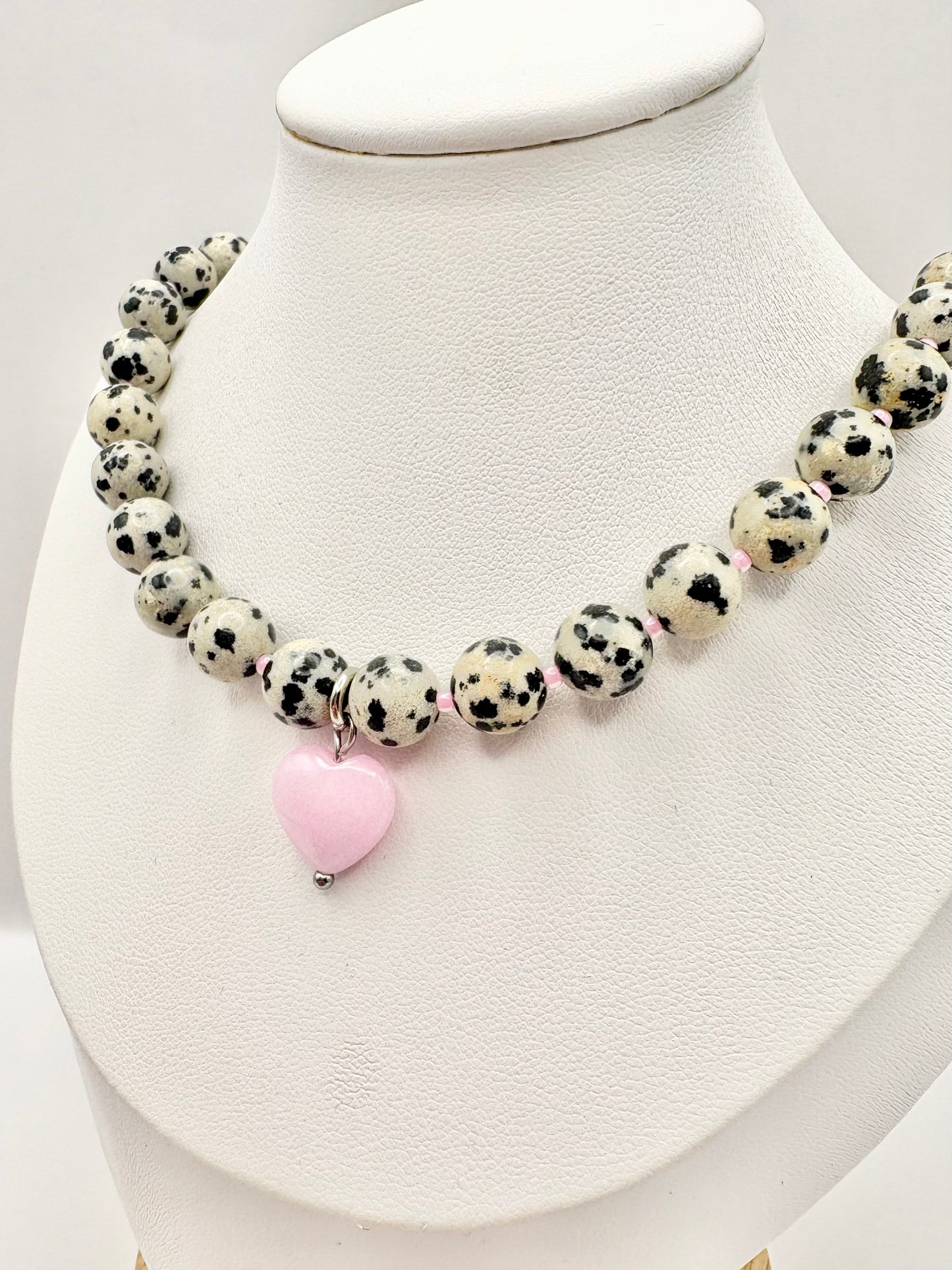 Dalmatian Jasper & Pink Heart Necklace