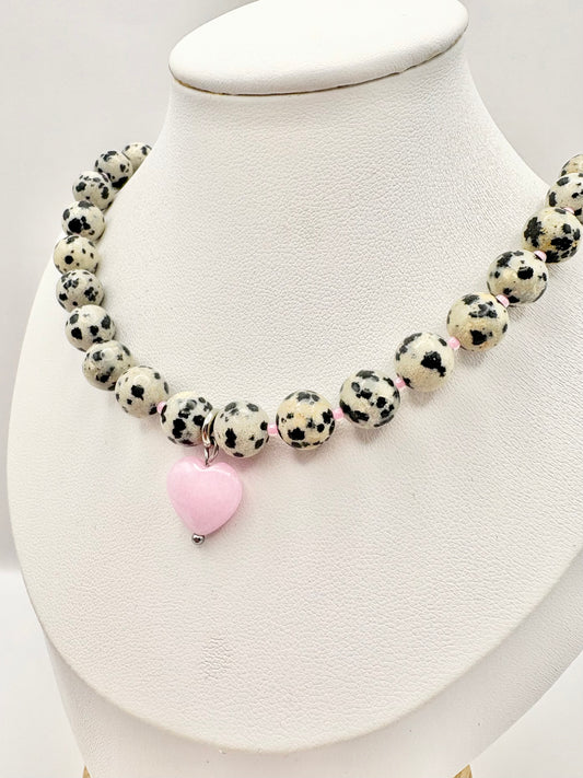 Dalmatian Jasper & Pink Heart Necklace