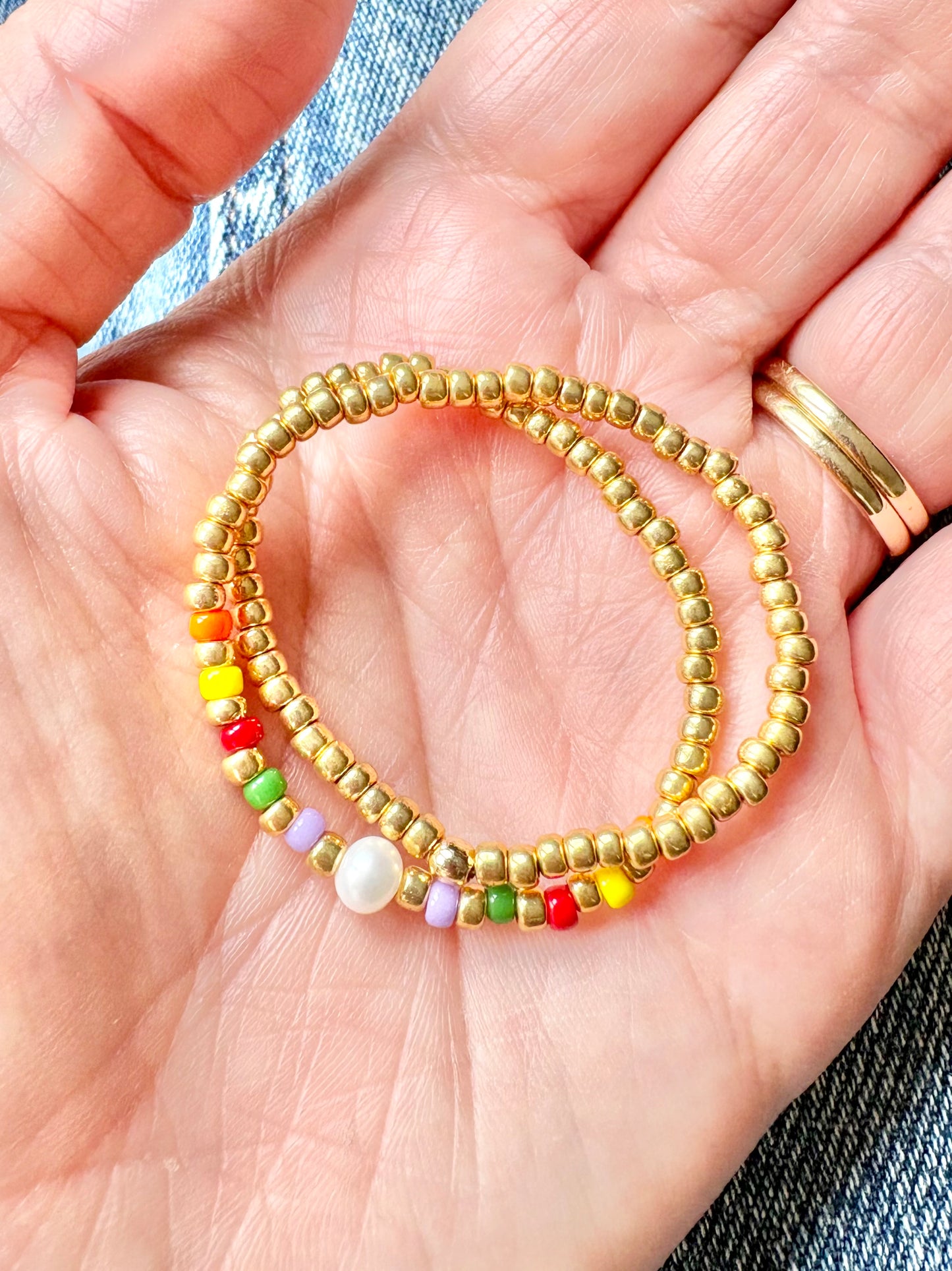 Colourful Seed Bead & Freshwater Pearl Anklet - Gold