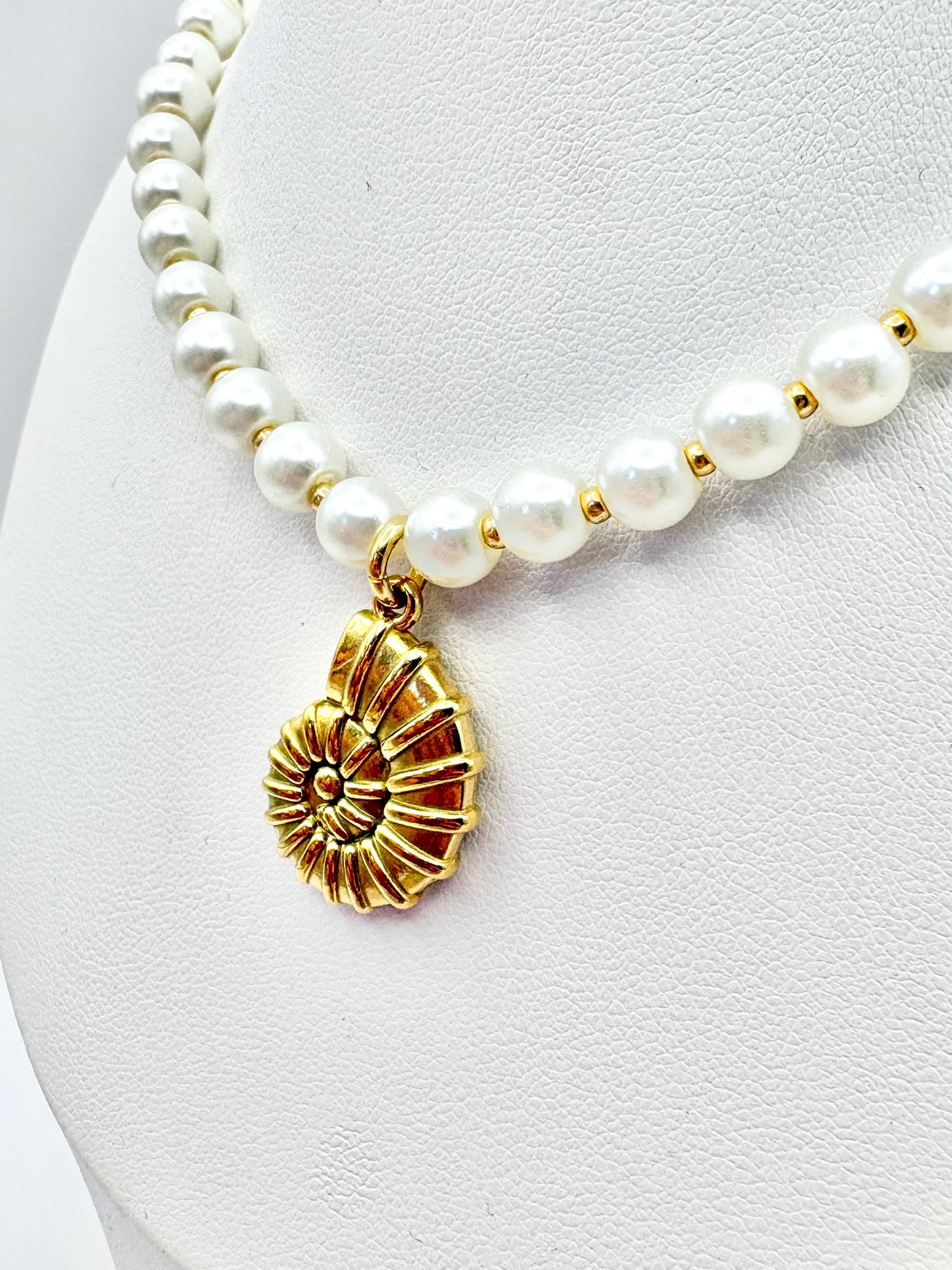 Seashell Charm & Glass Pearl Necklace