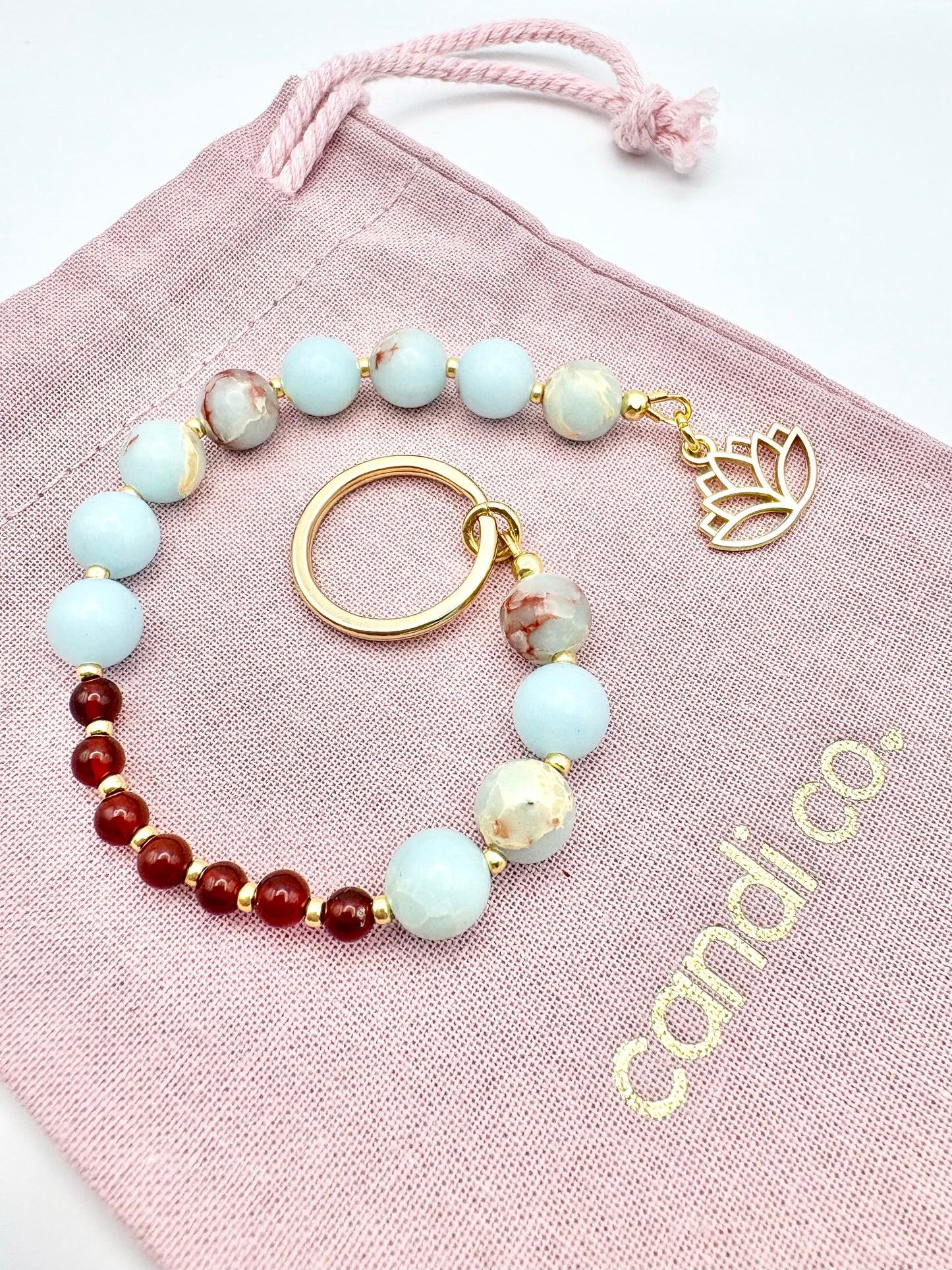 Breathing Beads Keyring - Aqua Terra Jasper With Carnelian