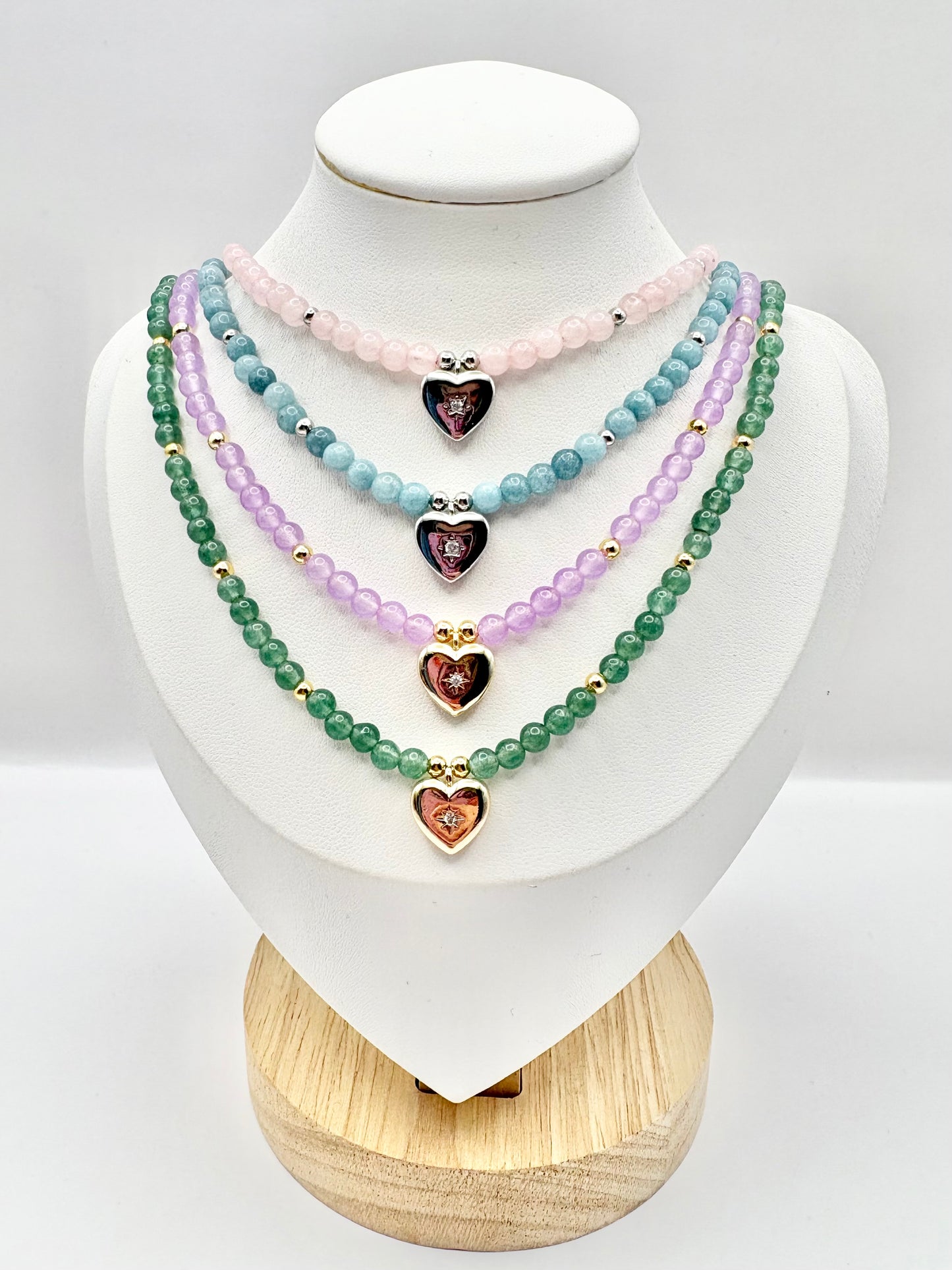 Pastel Gemstone & Vintage Heart Charm Necklace - Various Colours