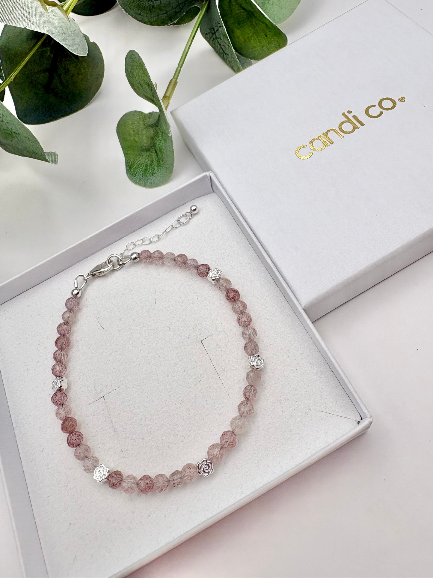 Strawberry Quartz Bracelet with Rose Charms - Sterling Silver