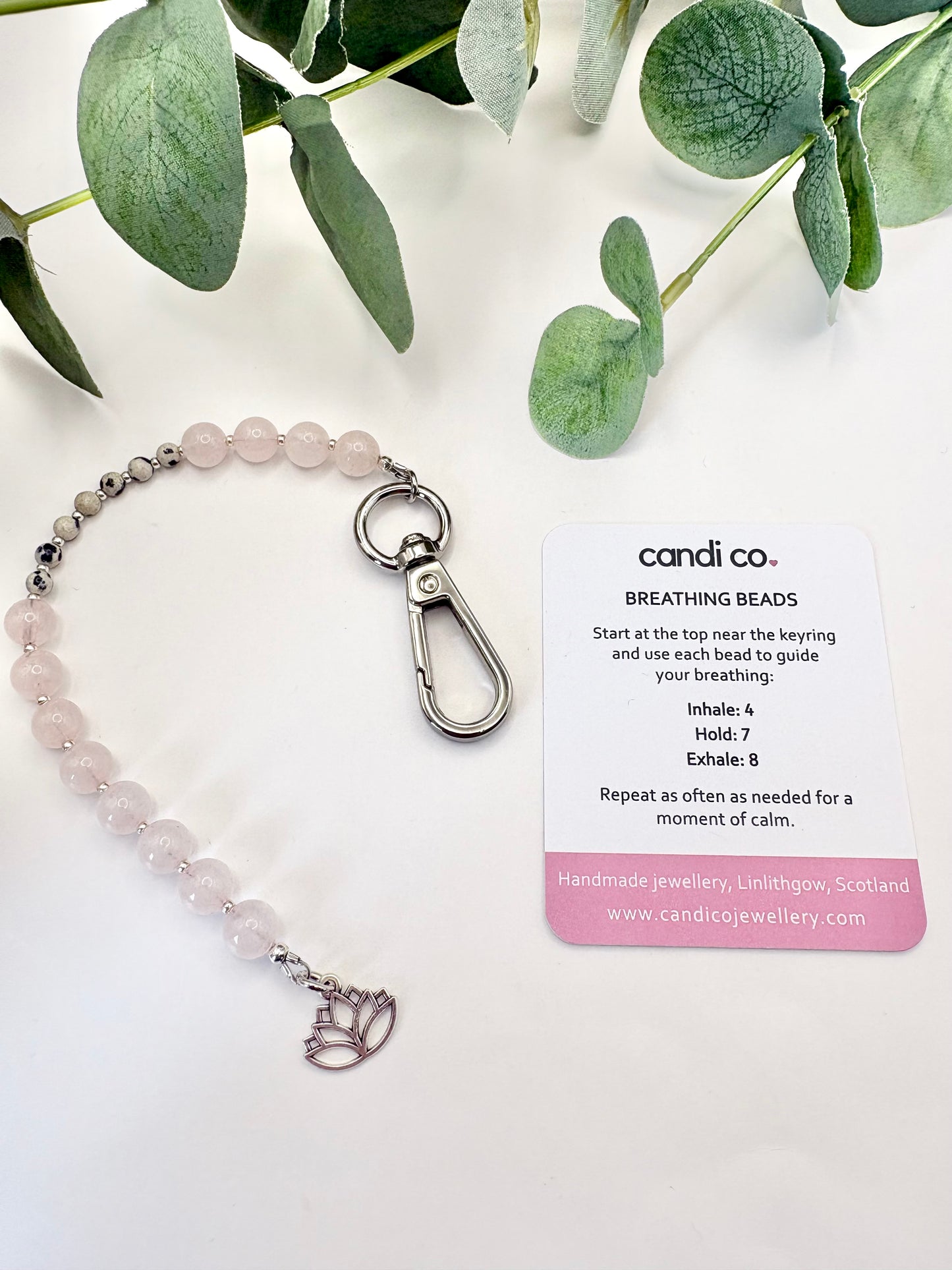 Breathing Beads Keyring - Rose Quartz With Dalmatian Jasper