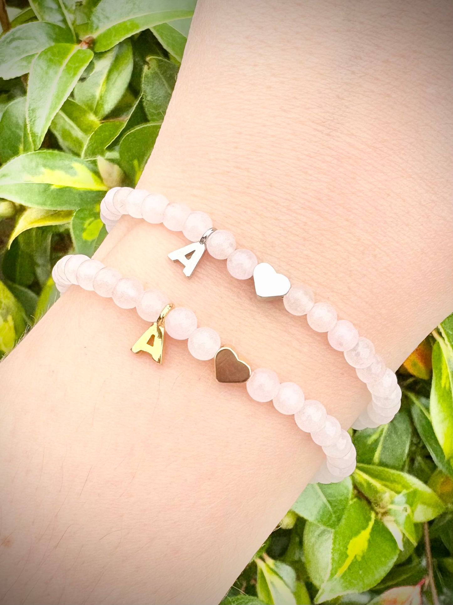 Handmade Rose Quartz Gemstone Bracelet with Initial and Heart Charm - Gold or Silver-Plated
