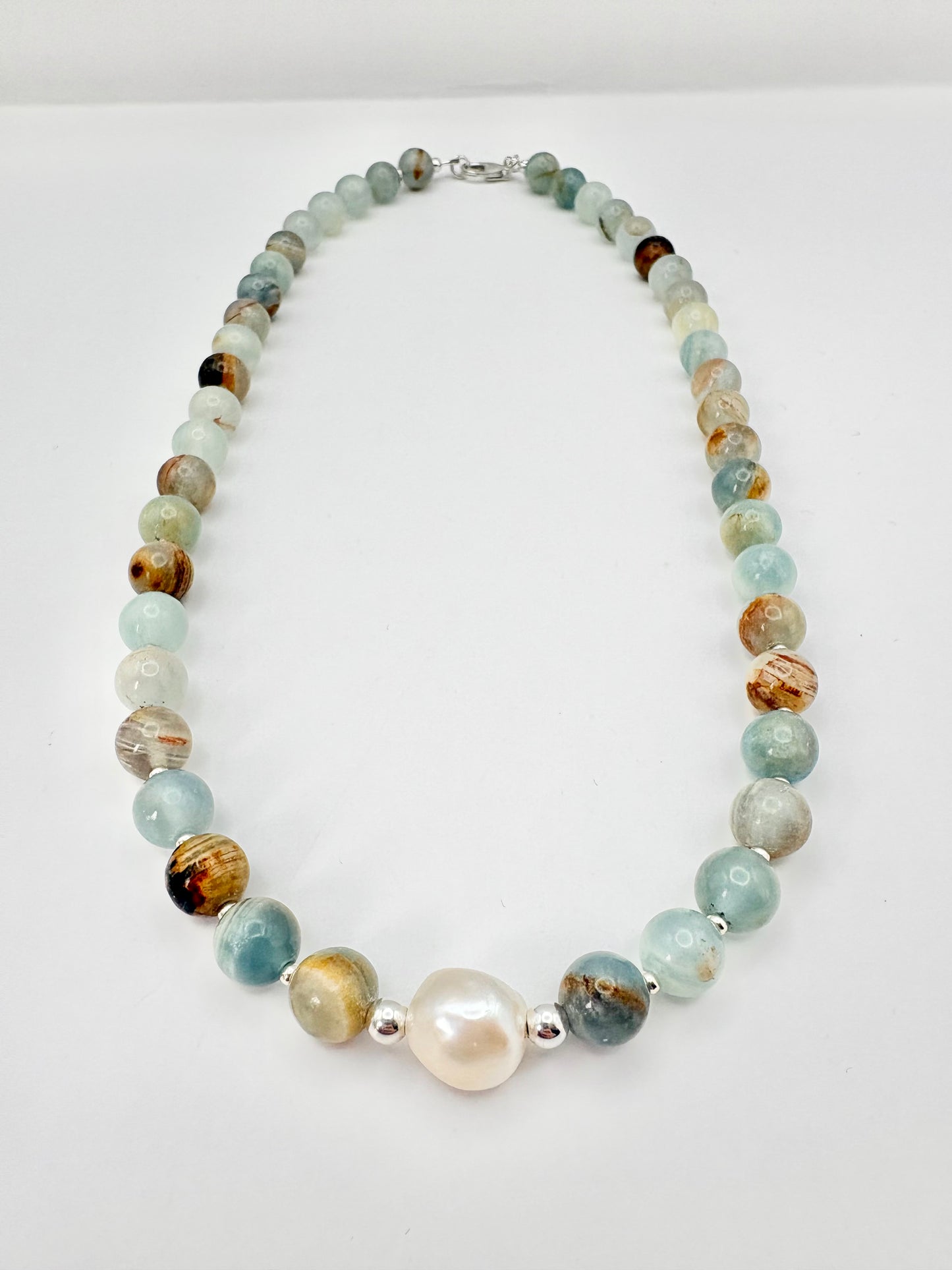 Lemurian Aquatine Calcite & Freshwater Pearl Beaded Necklace - Sterling Silver
