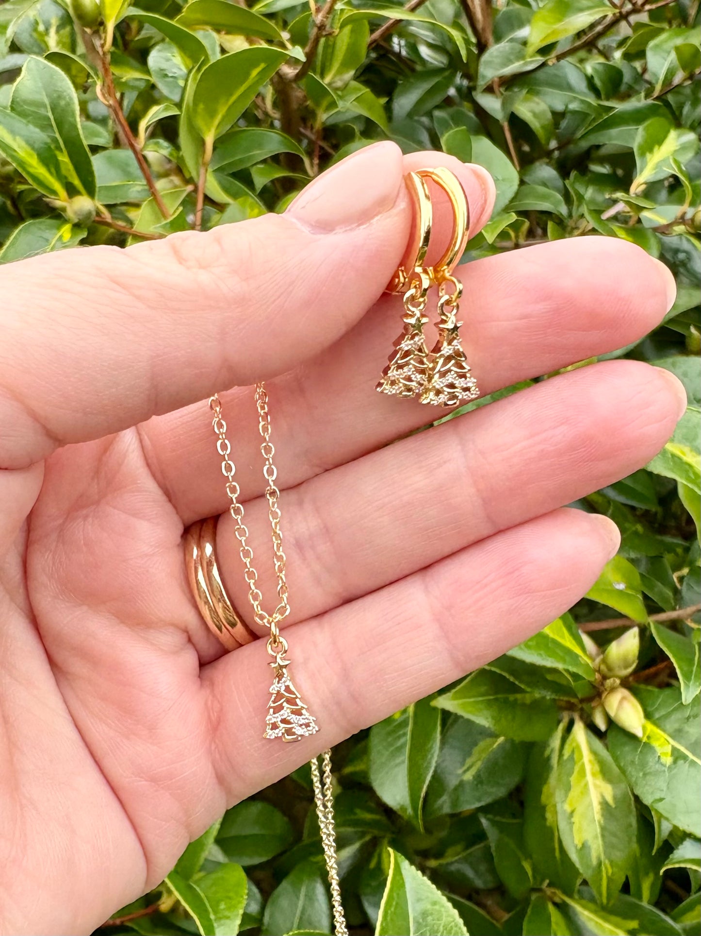 Sparkly Christmas Tree Huggie Hoop Earrings - Gold or Silver-Plated