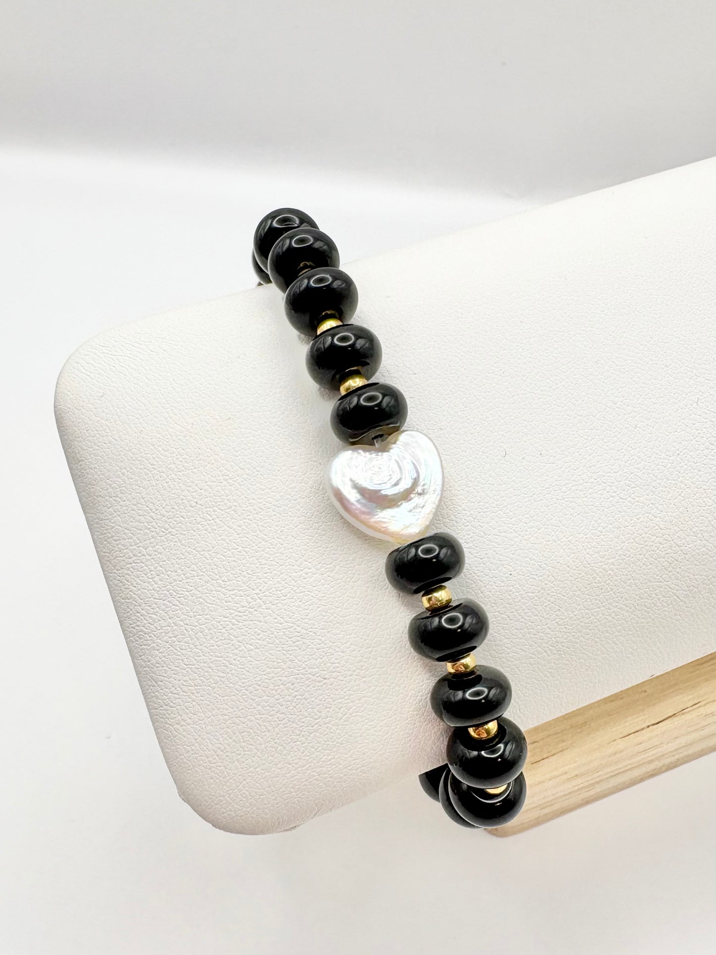 Handmade Black Onyx and Freshwater Pearl Heart Bracelet - Gold or Silver SALE
