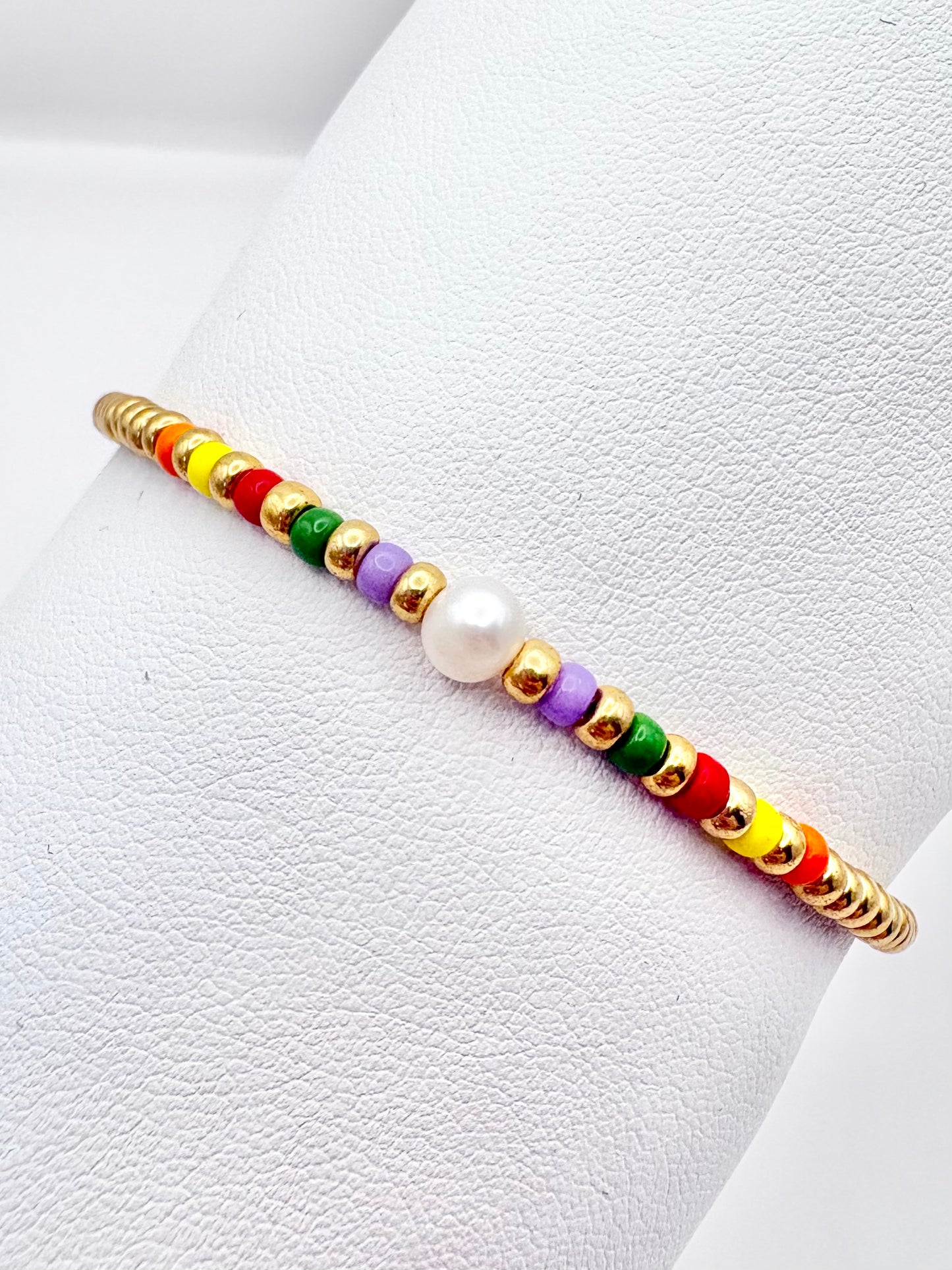 Colourful Seed Bead & Freshwater Pearl Necklace - Gold