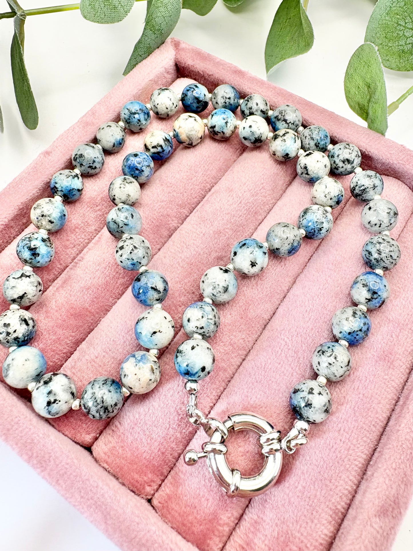Grey and Blue K2 Raindrop Azurite Gemstone Necklace, Spring Clasp