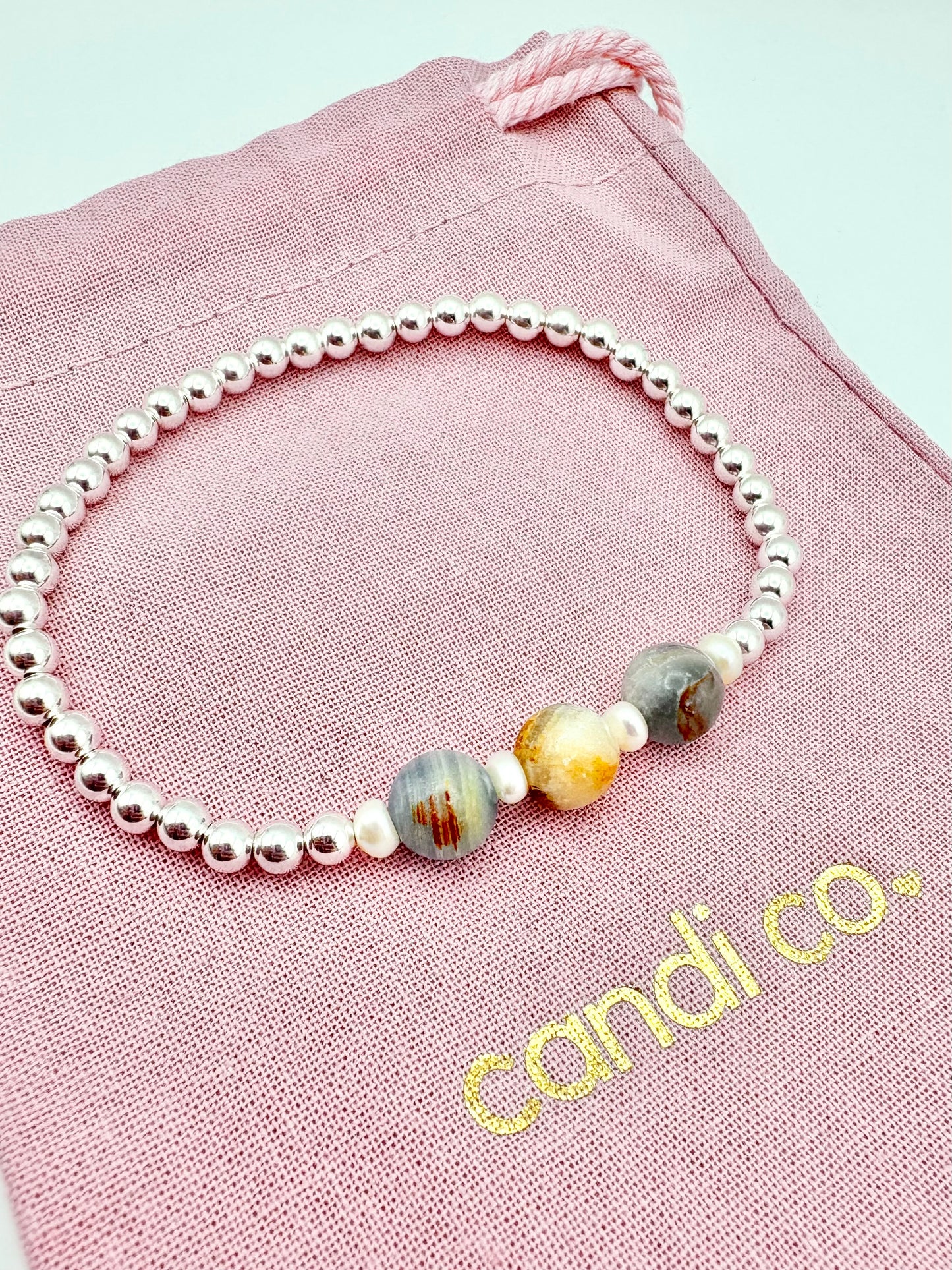 Sterling Silver Beaded Bracelet with Lemurian Aquatine Calcite & Freshwater Pearls