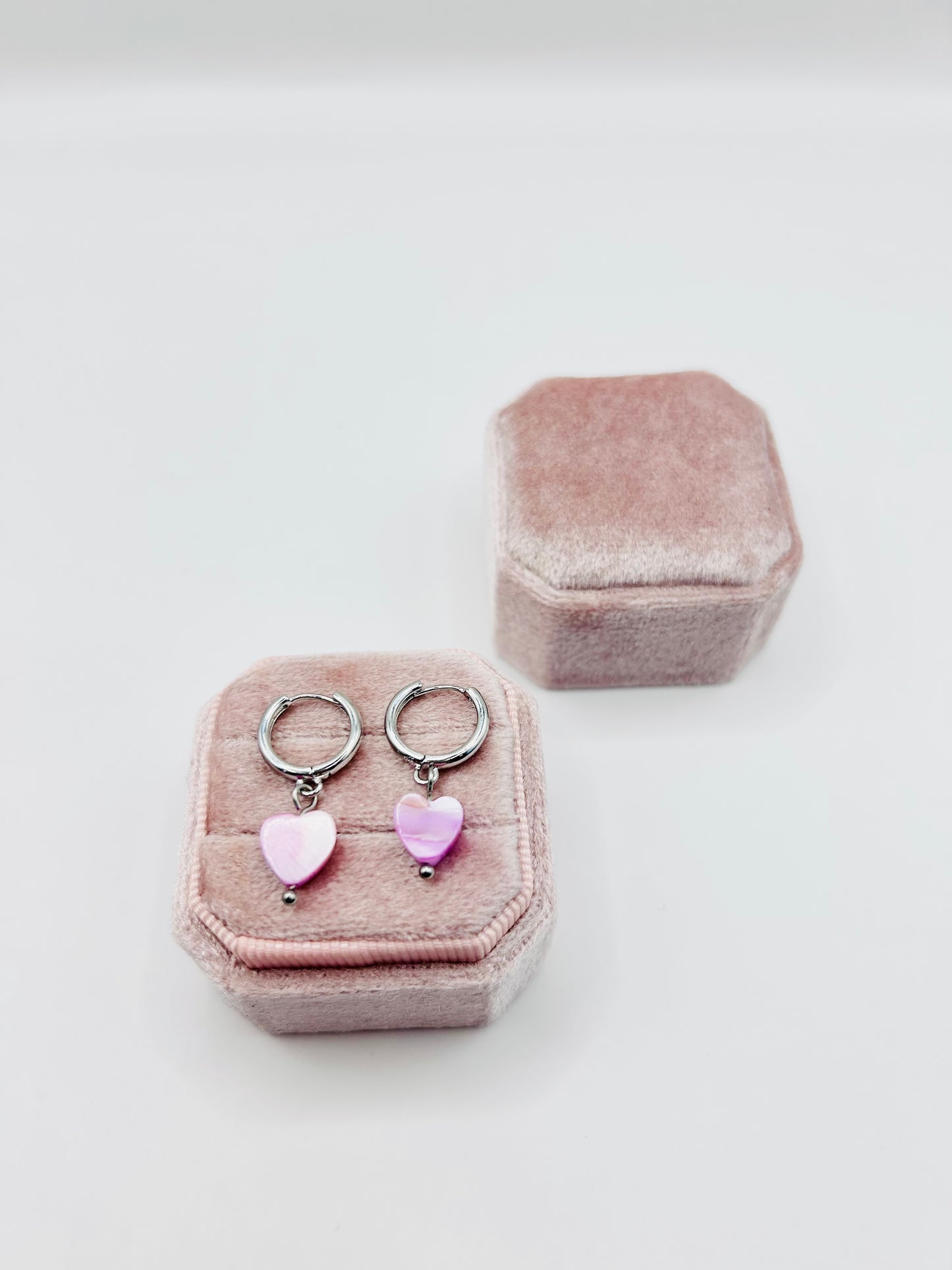 Silver-plated pink mother of pearl heart huggie hoop earrings - SALE