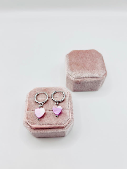 Silver-plated pink mother of pearl heart huggie hoop earrings - SALE