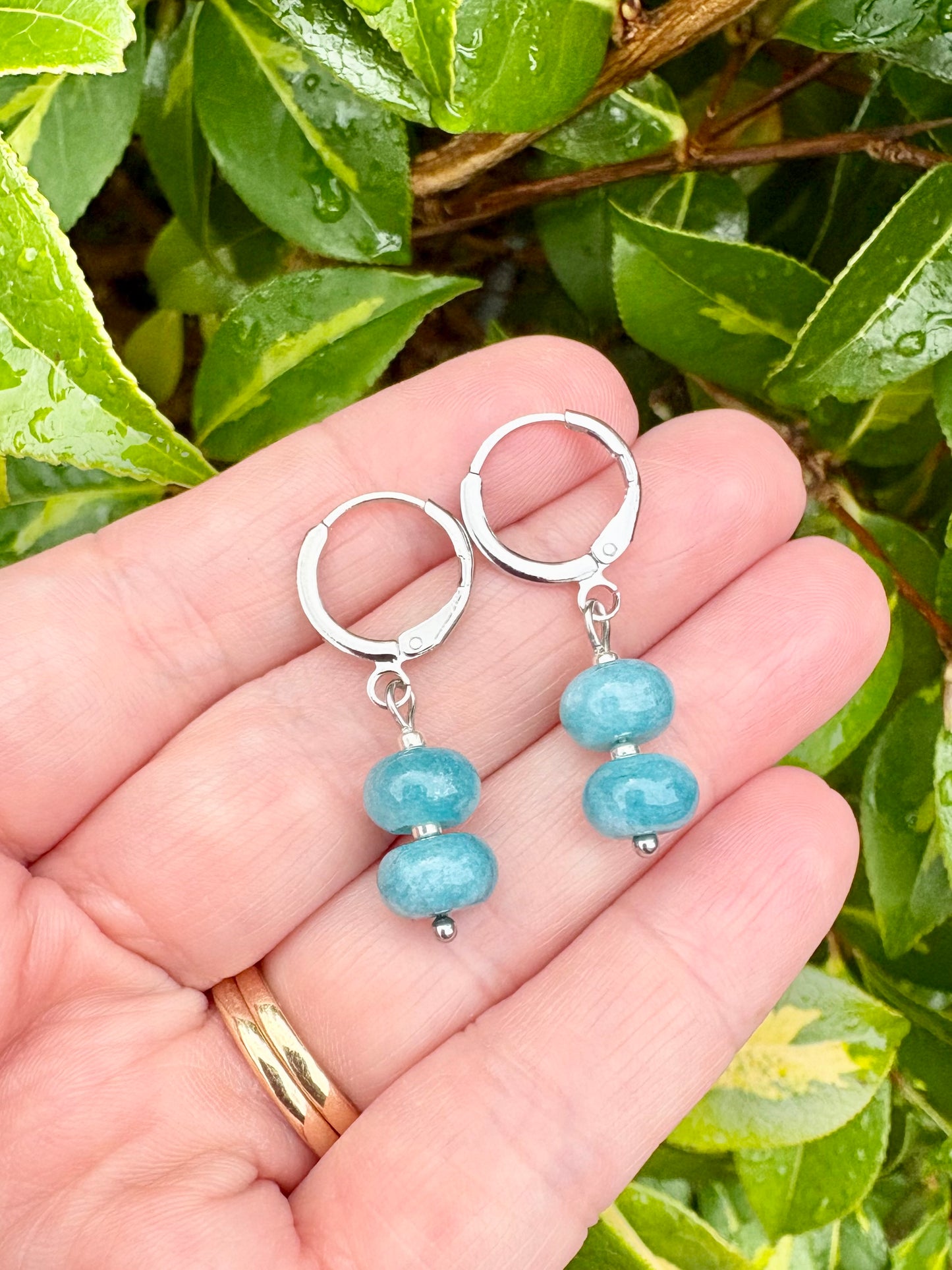 Blue Jade Rondelle Huggie Earrings - One of a Kind