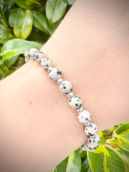 Dalmatian Jasper Gemstone and Silver Seed Beaded Stretch Bracelet