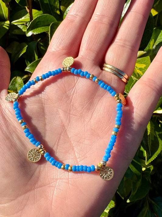 Blue seed beaded bracelet with gold Turkish coin charms - SALE