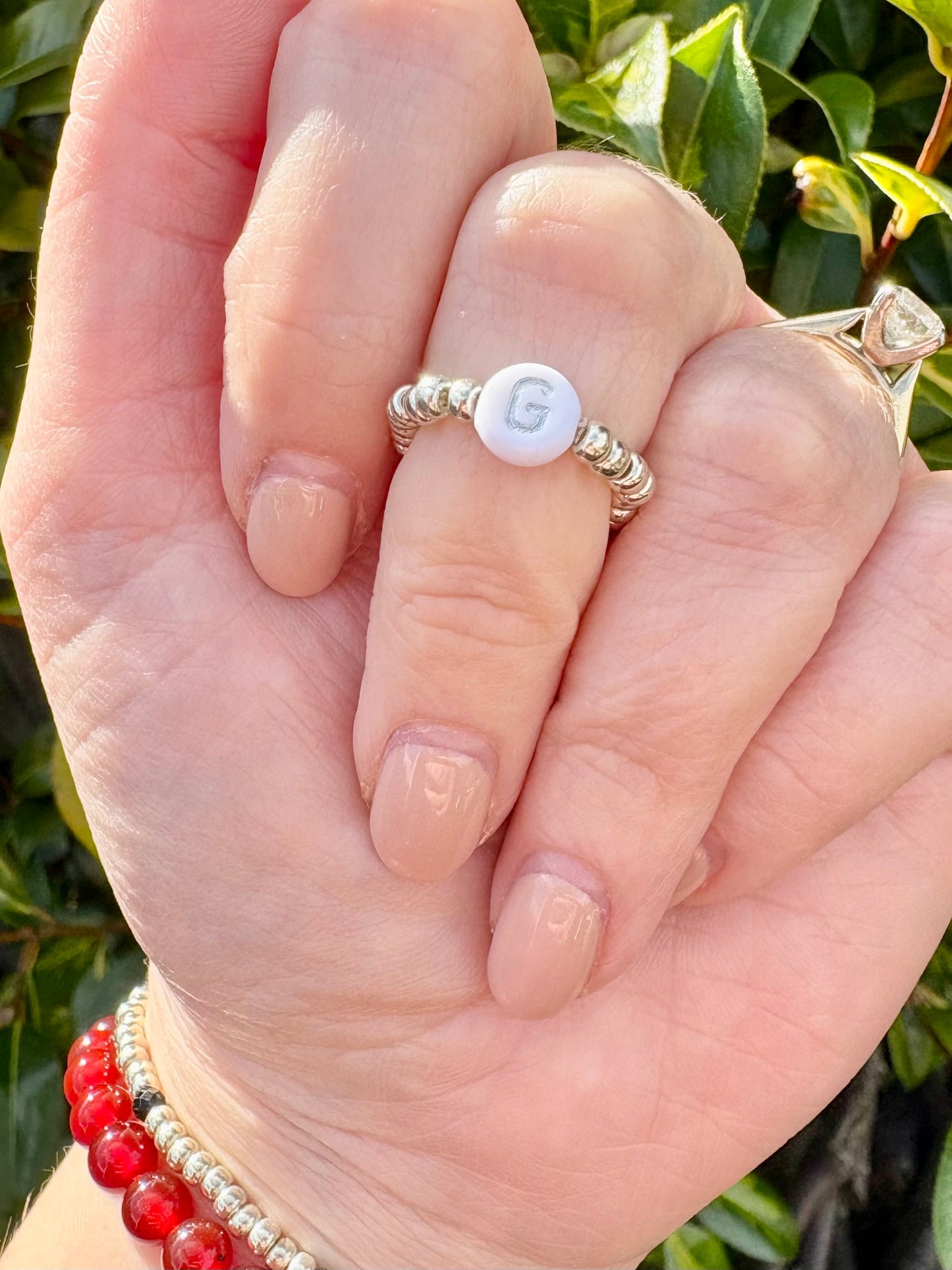 Seed Beaded Stretch Ring with Initial - Gold or Silver