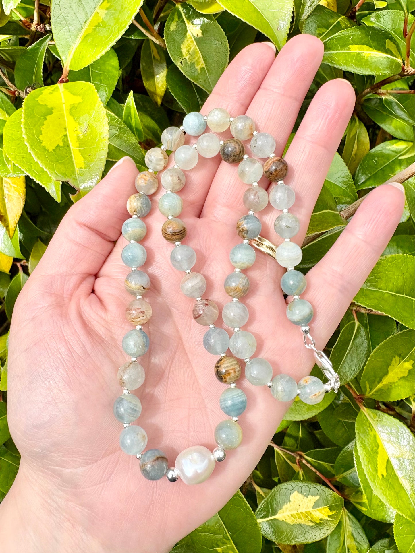 Lemurian Aquatine Calcite & Freshwater Pearl Beaded Necklace - Sterling Silver