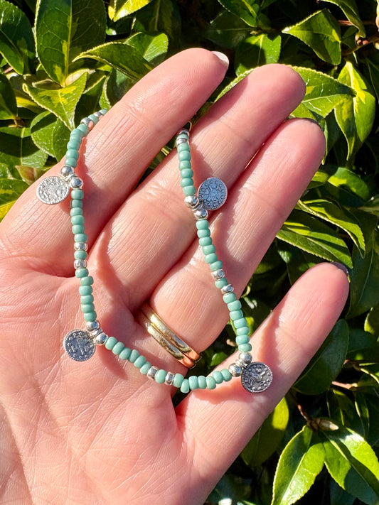 Sage green seed beaded bracelet with silver Turkish coin charms - SALE