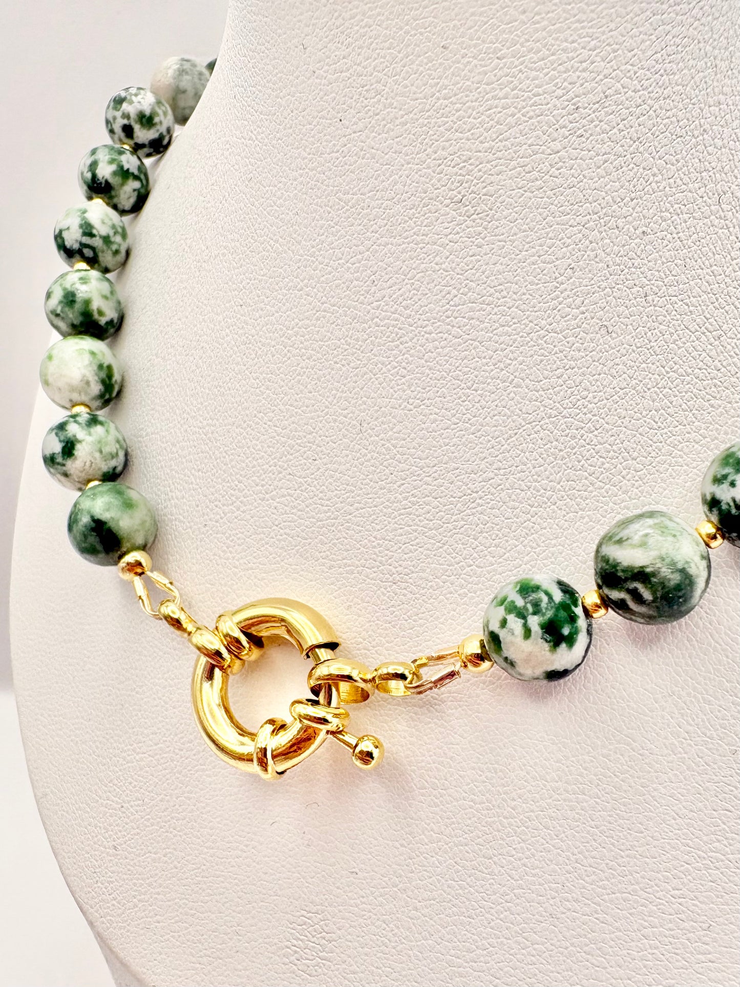 Green & White Camouflage Jasper Gemstone Necklace, Spring Clasp