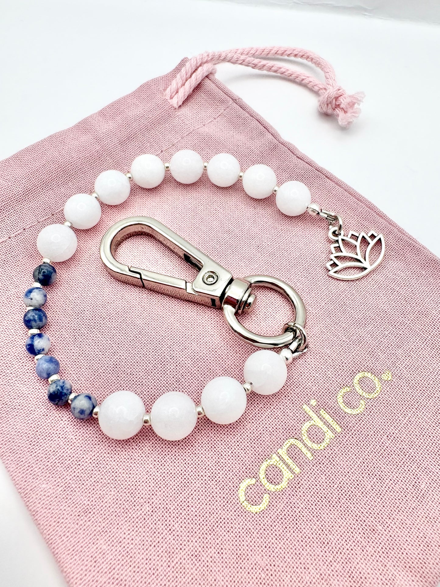 Breathing Beads Keyring - White Malaysian Jade with Blue Spot Jasper