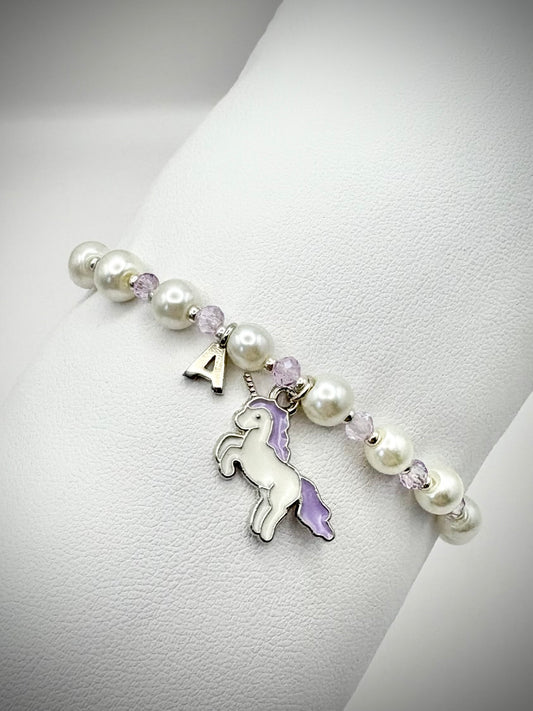 Kids Personalised Pearl, Crystal & Unicorn Charm Bracelet Silver