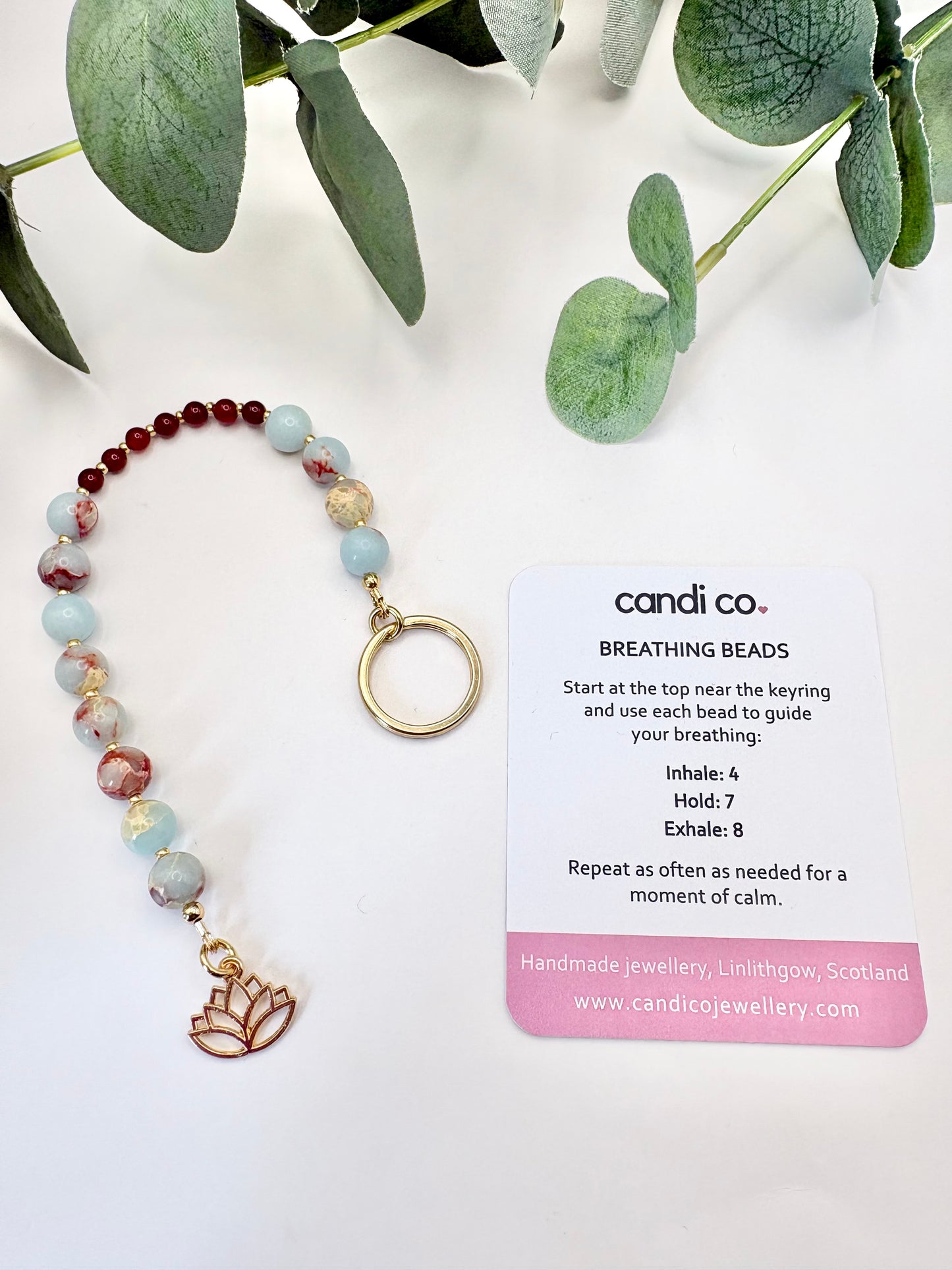 Breathing Beads Keyring - Aqua Terra Jasper With Carnelian