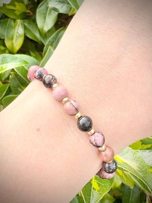Rhodonite Gemstone and Gold Seed Beaded Stretch Bracelet