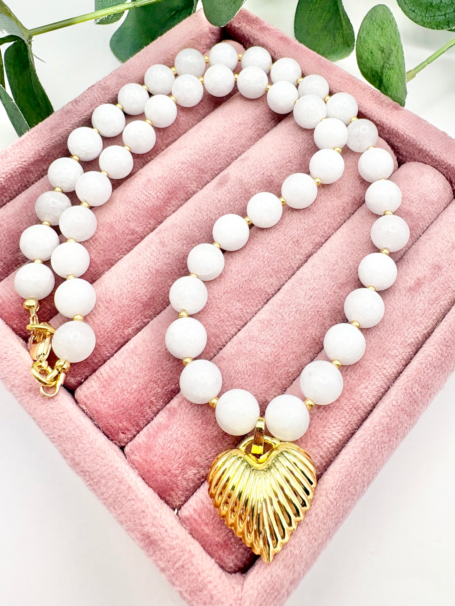 White Gemstone and Puffy Heart Pendant Necklace