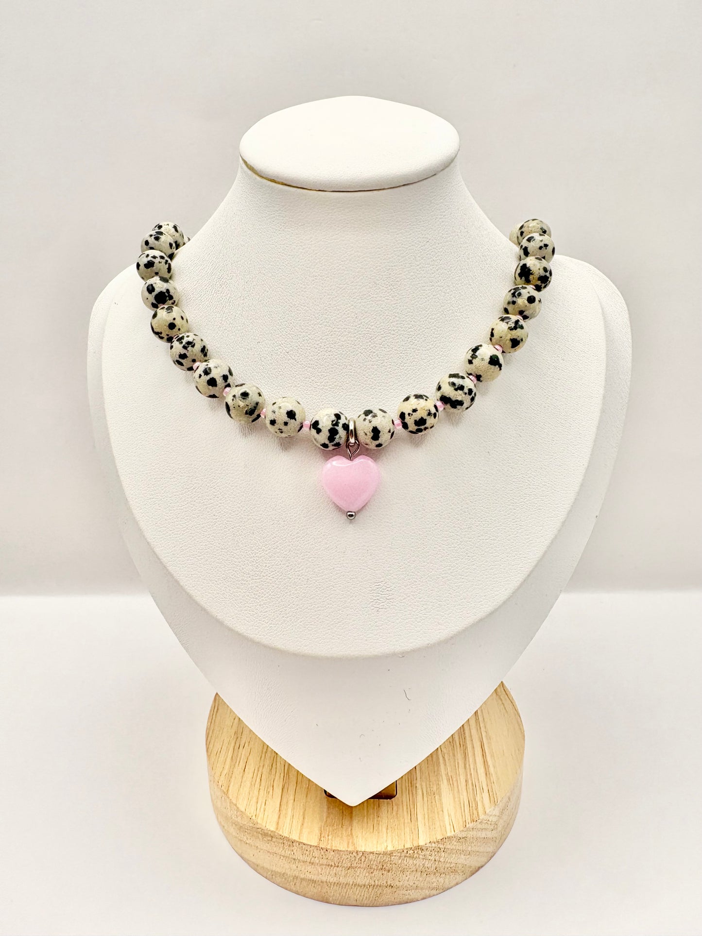 Dalmatian Jasper & Pink Heart Necklace