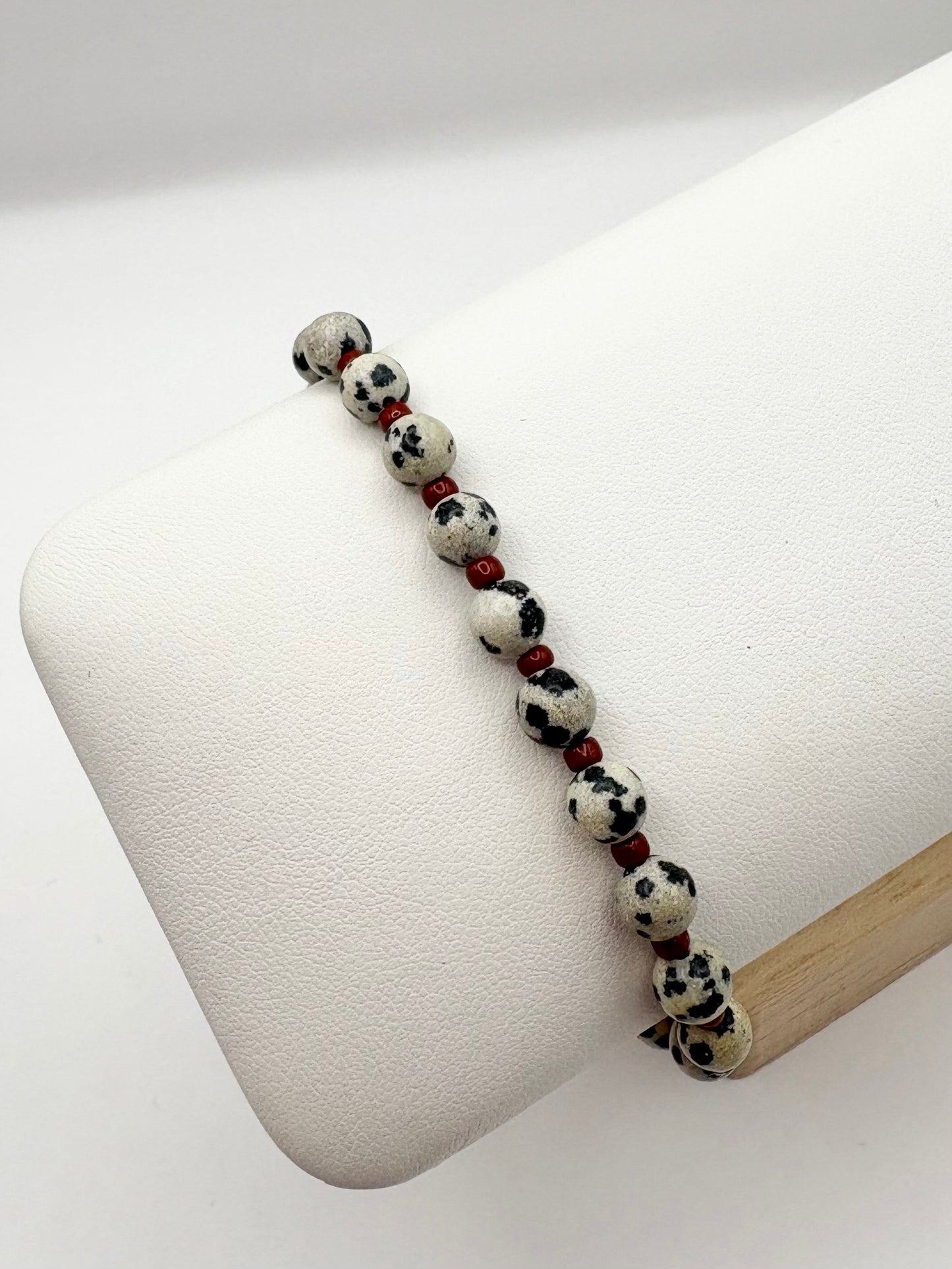 Dalmatian Jasper Gemstone and Burgundy Seed Beaded Bracelet