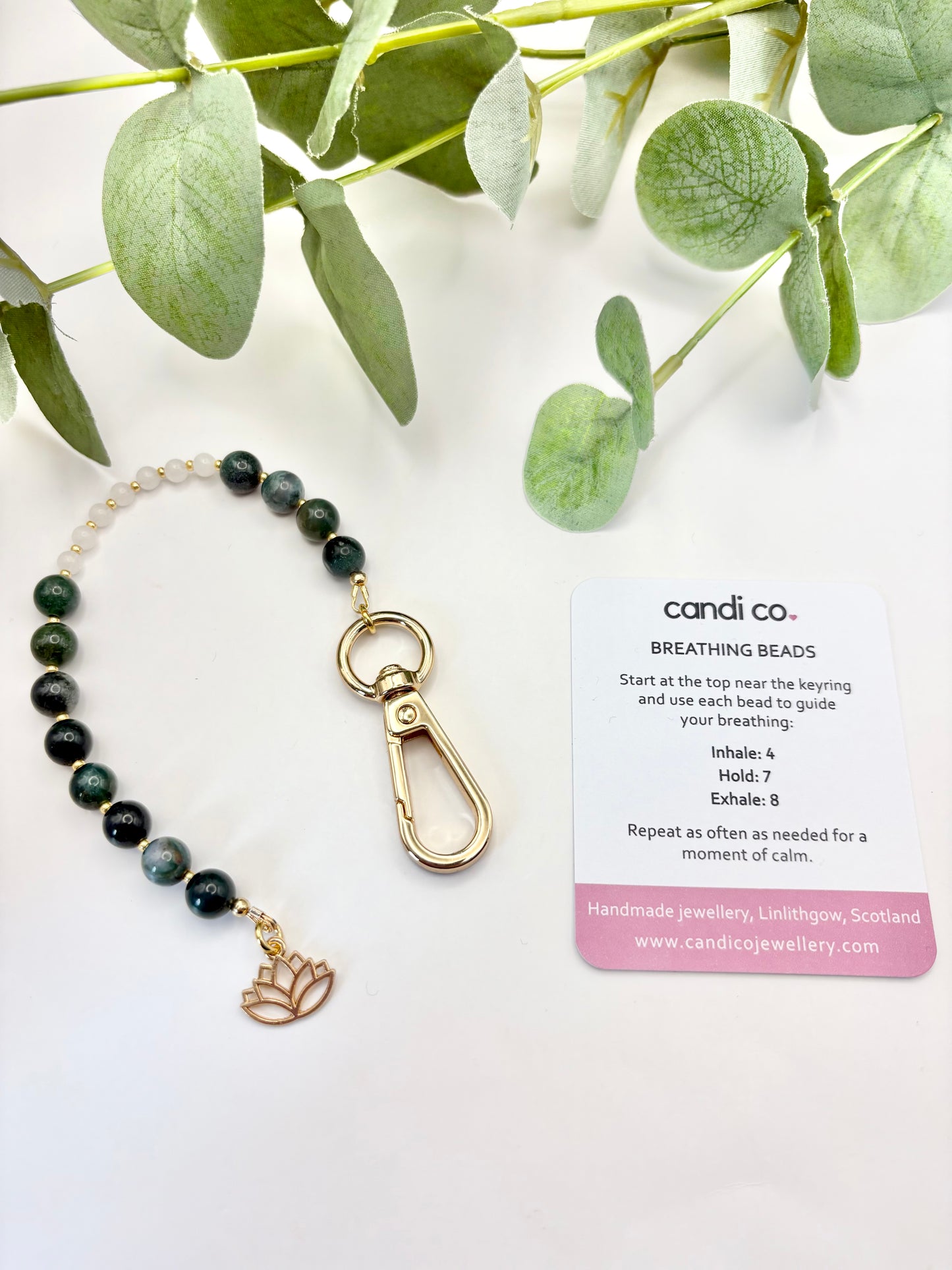 Breathing Beads Keyring - Green Moss Agate With White Jade