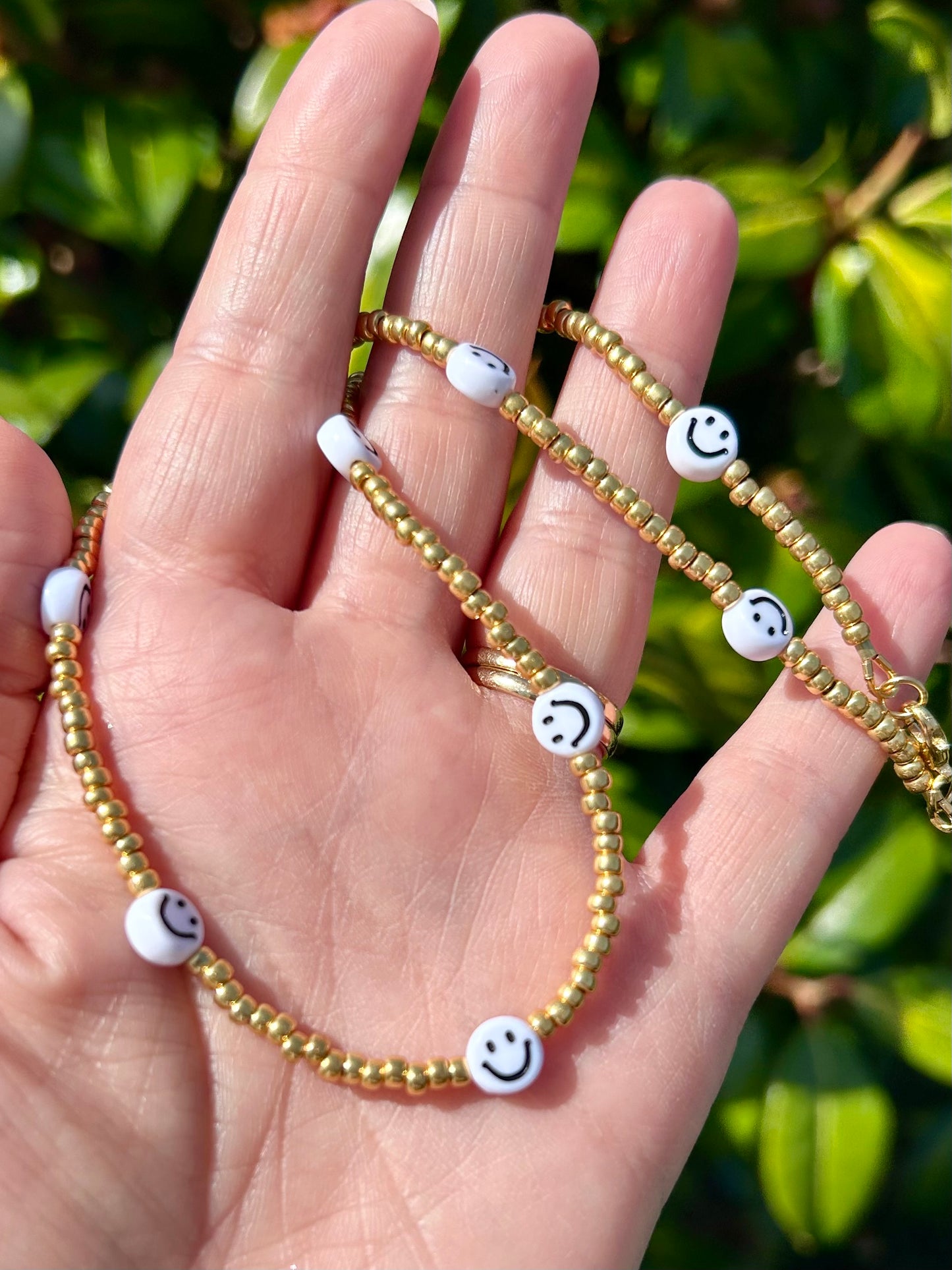 Smiley Face Seed Bead Necklace Silver or Gold-Plated