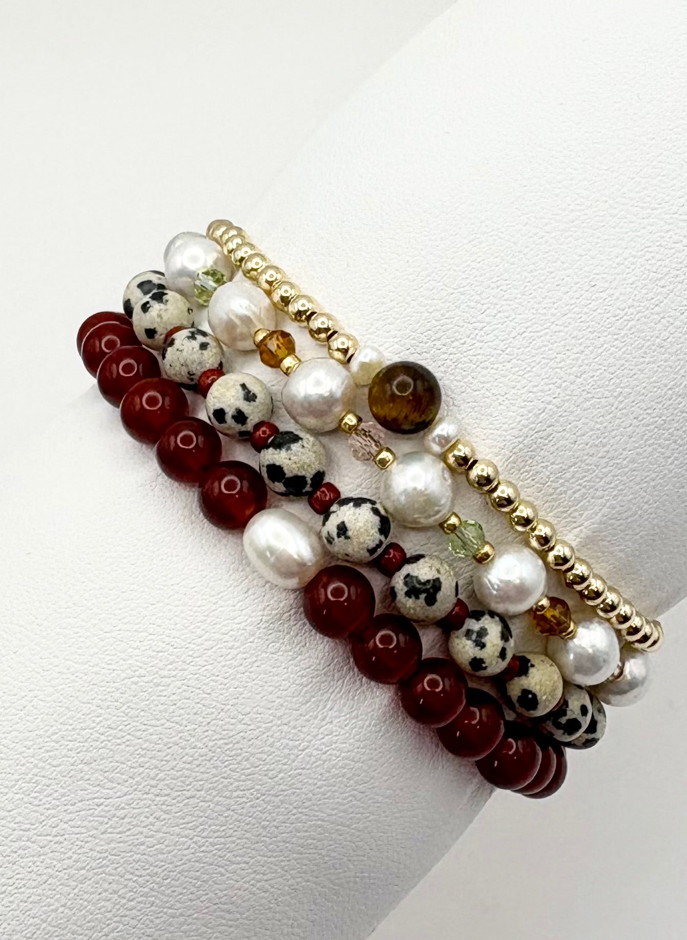 Dalmatian Jasper Gemstone and Burgundy Seed Beaded Bracelet