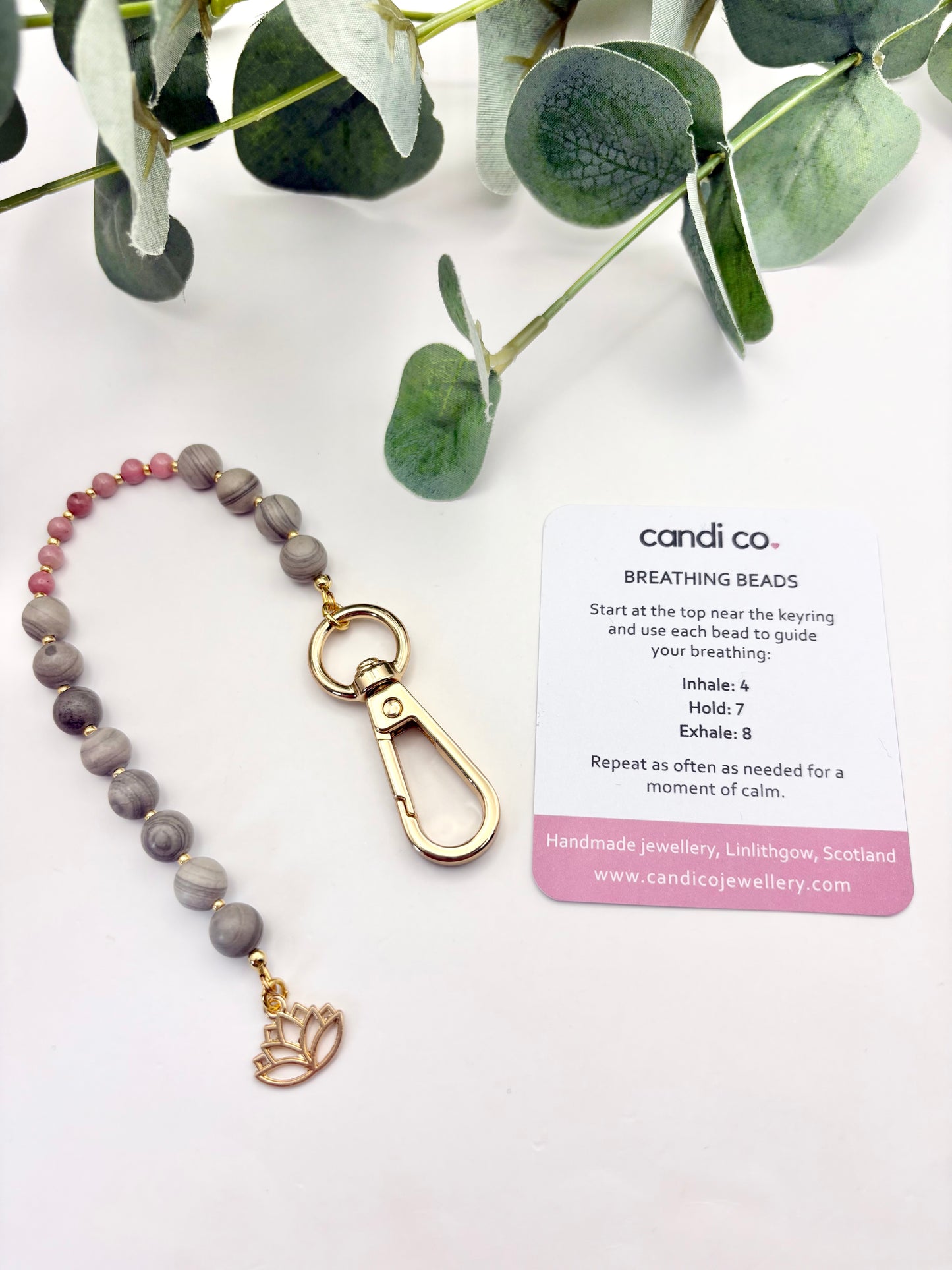 Breathing Beads Keyring - Grey Line Jasper With Rhodonite