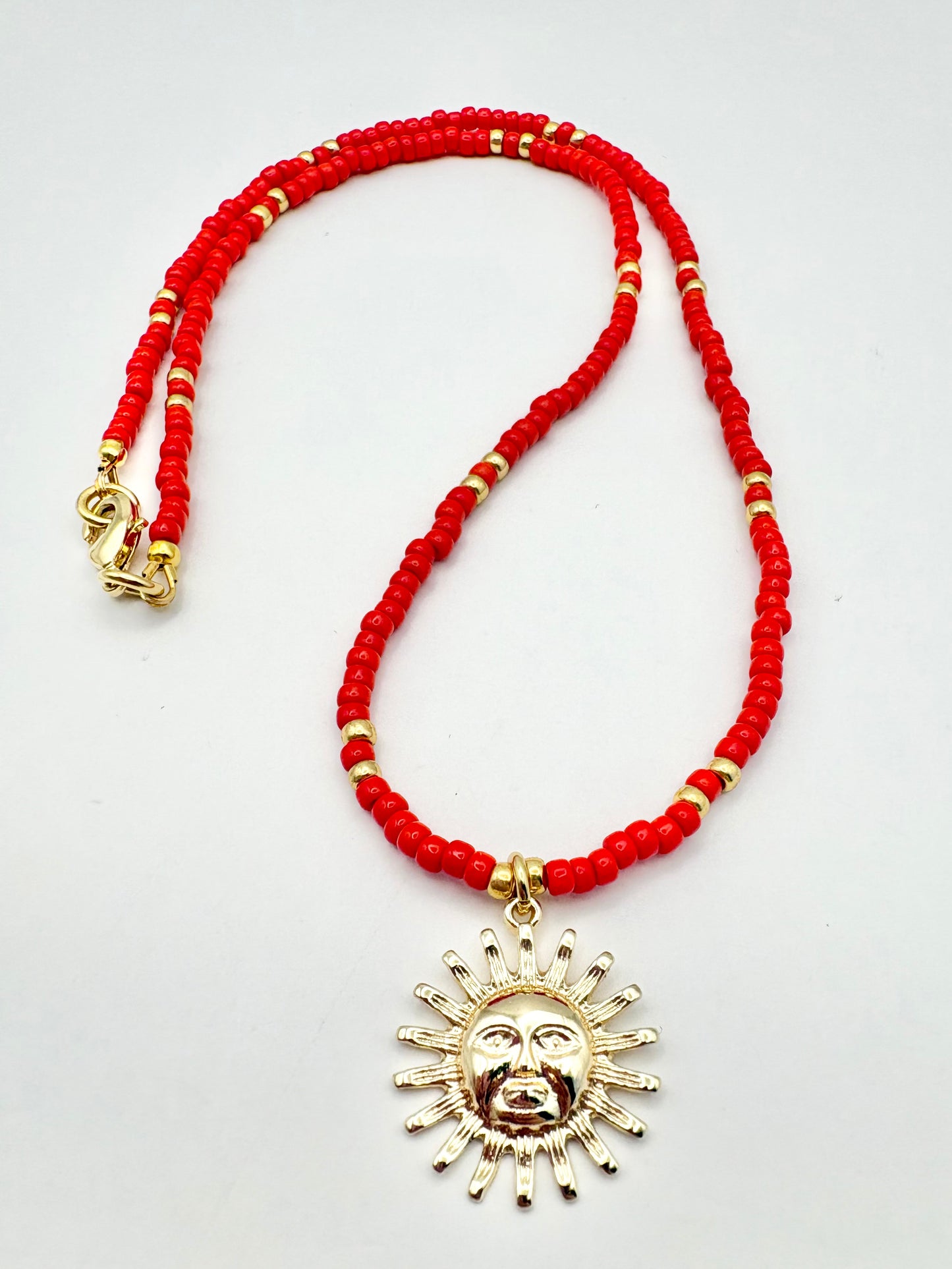 Seed Bead & Sunshine Pendant Necklace - Turquoise or Red